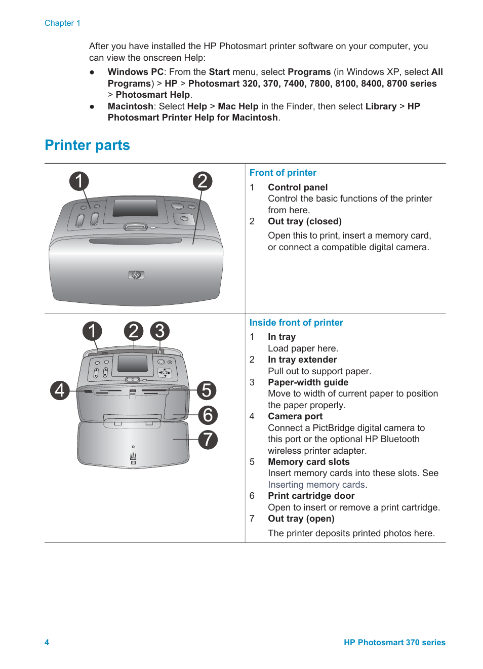 Printer parts | HP 370 Series User Manual | Page 8 / 65