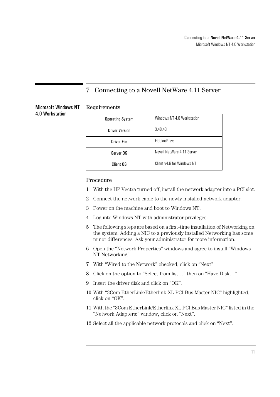 7 connecting to a novell netware 4.11 server | HP 3COM ETHERLINK III 3C900-B User Manual | Page 13 / 23