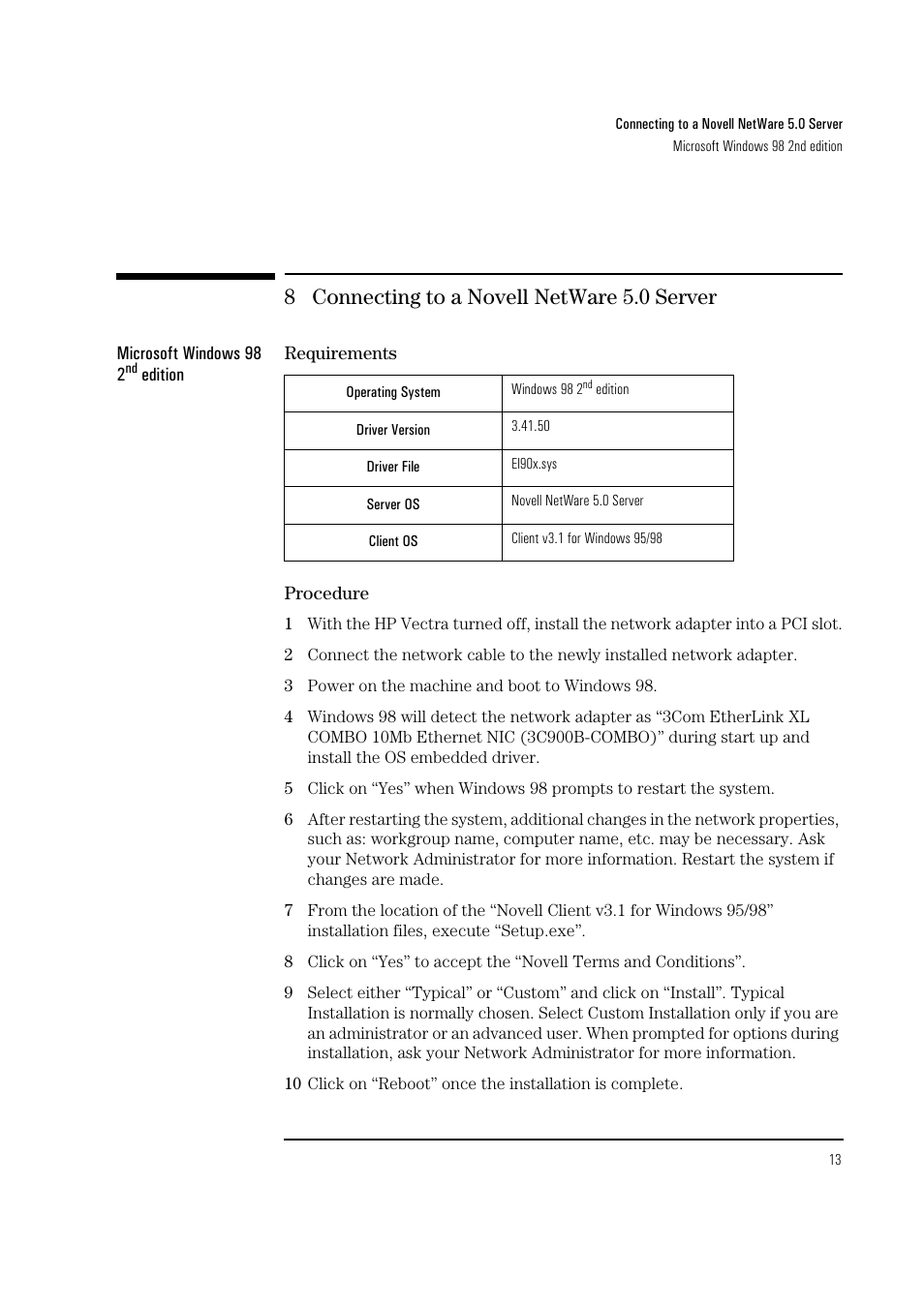 8 connecting to a novell netware 5.0 server | HP 3COM ETHERLINK III 3C900-B User Manual | Page 15 / 23