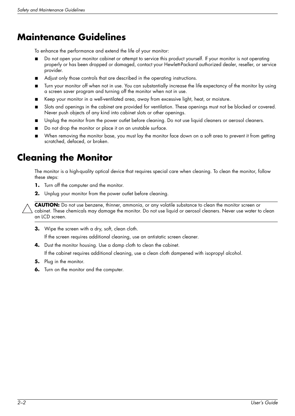 Maintenance guidelines, Cleaning the monitor, Maintenance guidelines –2 cleaning the monitor –2 | HP W2338h User Manual | Page 12 / 68