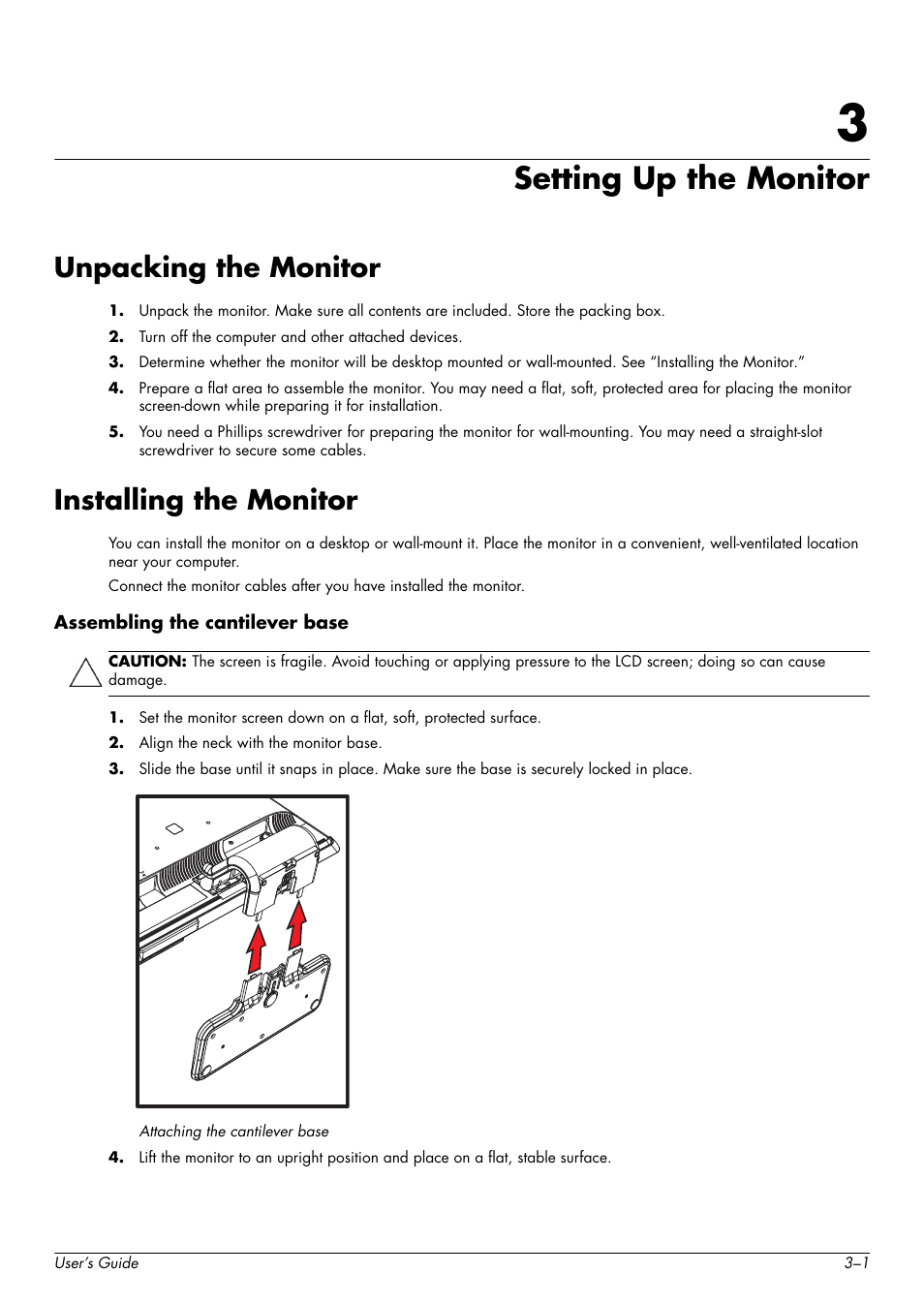 Setting up the monitor, Unpacking the monitor, Installing the monitor | Assembling the cantilever base, 3 setting up the monitor, Unpacking the monitor –1 installing the monitor –1, Assembling the cantilever base –1 | HP W2338h User Manual | Page 13 / 68