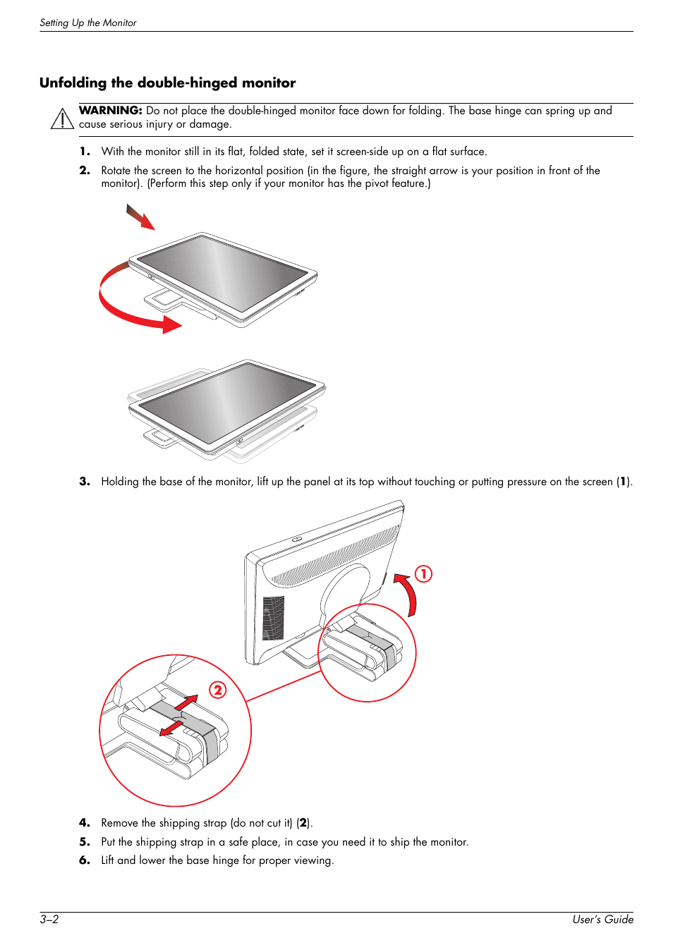 Unfolding the double-hinged monitor, Unfolding the double-hinged monitor –2 | HP W2338h User Manual | Page 14 / 68