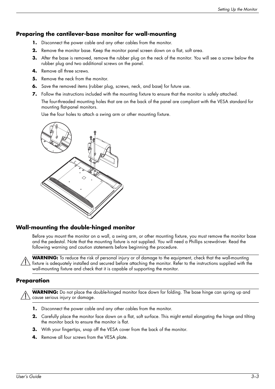 Wall-mounting the double-hinged monitor, Preparation | HP W2338h User Manual | Page 15 / 68