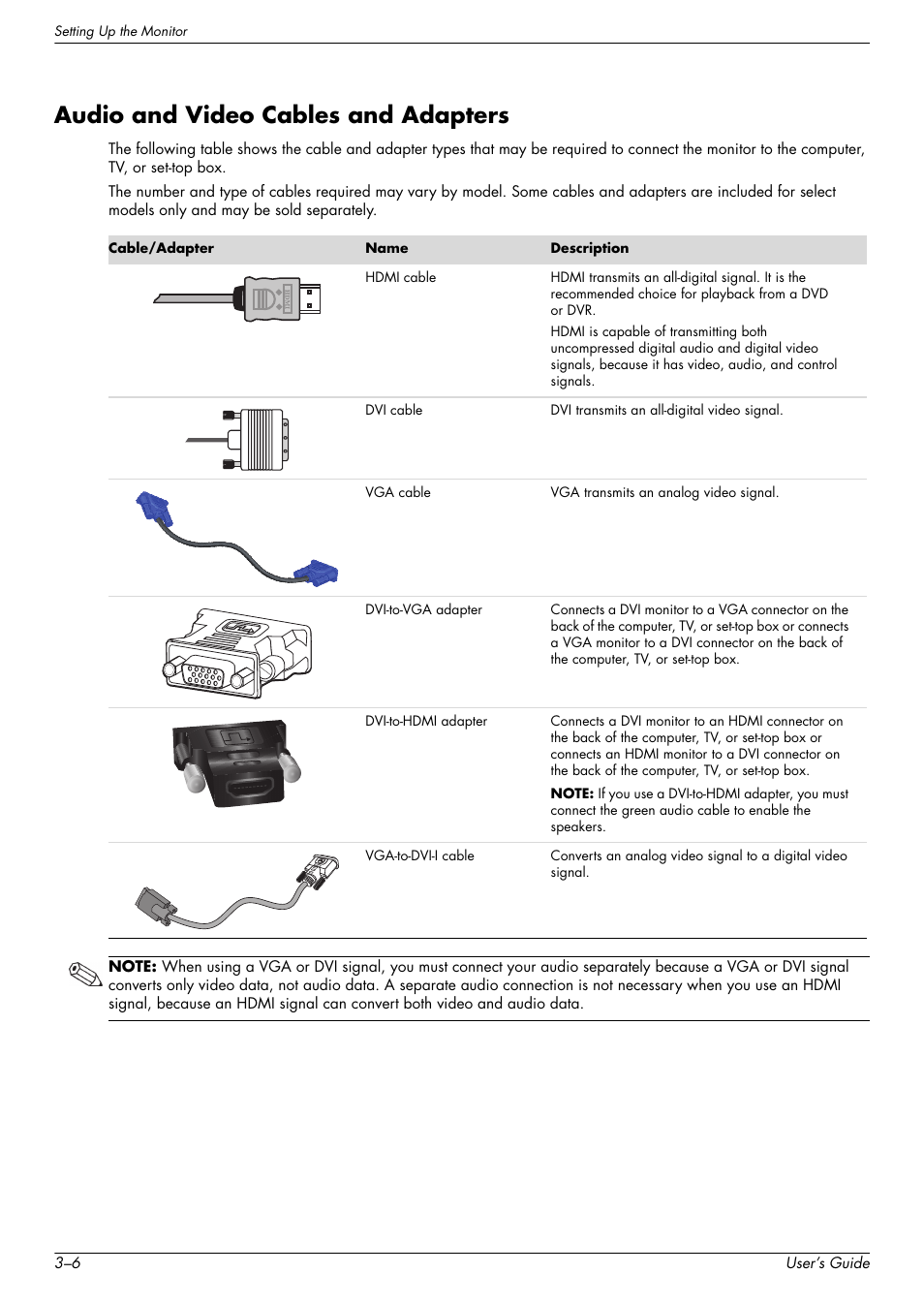 Audio and video cables and adapters, Audio and video cables and adapters –6 | HP W2338h User Manual | Page 18 / 68