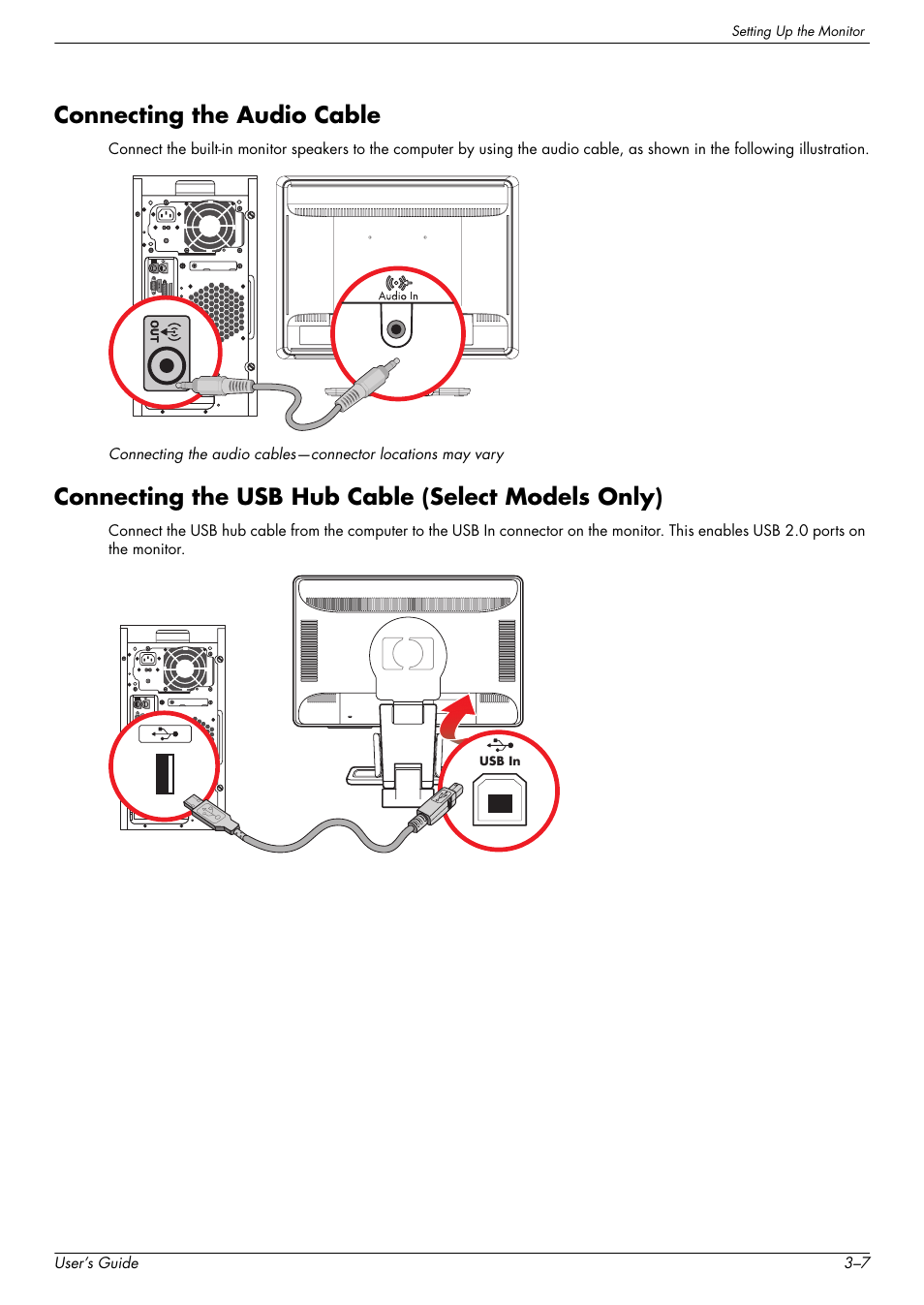 Connecting the audio cable, Connecting the usb hub cable (select models only) | HP W2338h User Manual | Page 19 / 68
