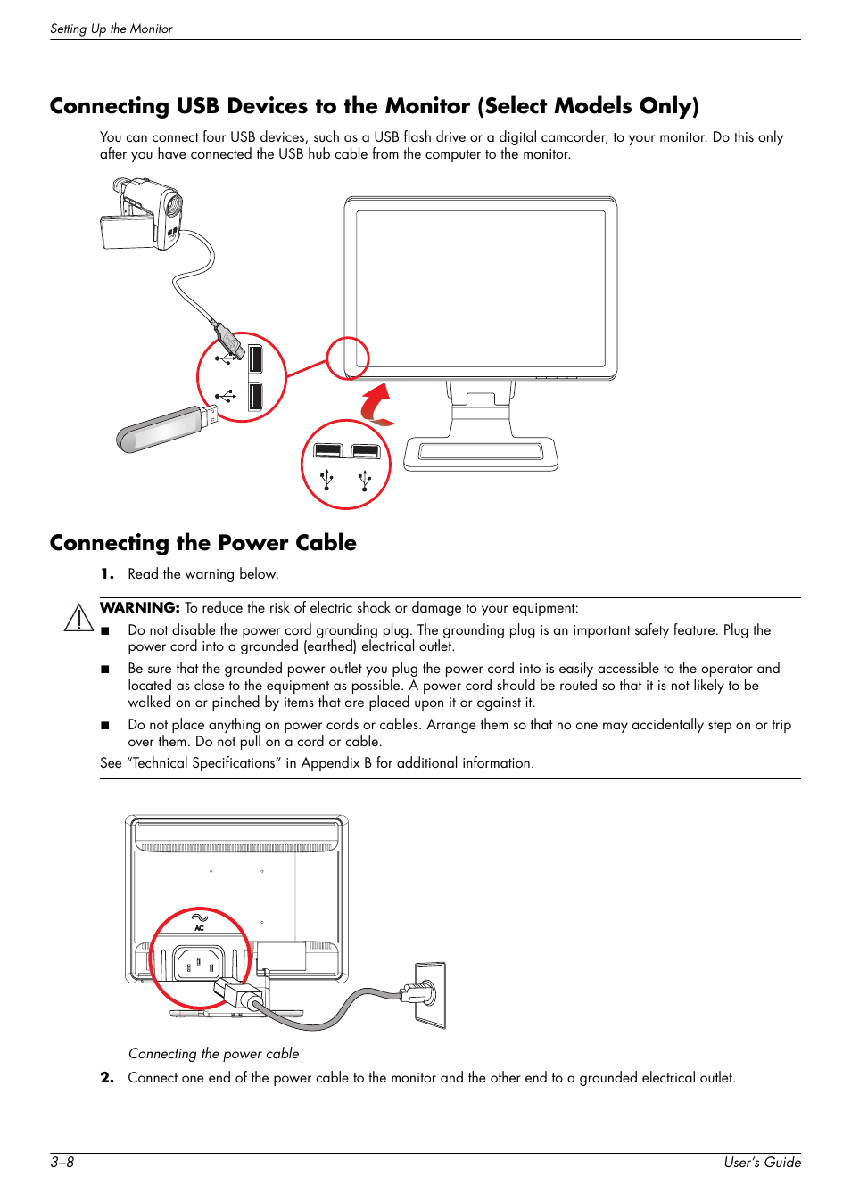 Connecting the power cable | HP W2338h User Manual | Page 20 / 68