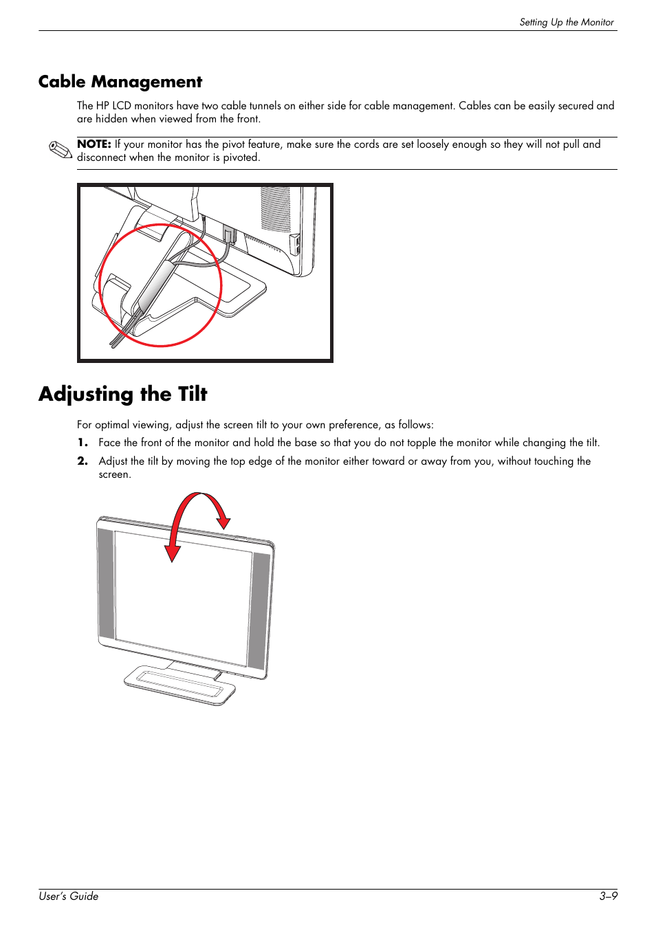 Cable management, Adjusting the tilt, Cable management –9 | Adjusting the tilt –9 | HP W2338h User Manual | Page 21 / 68