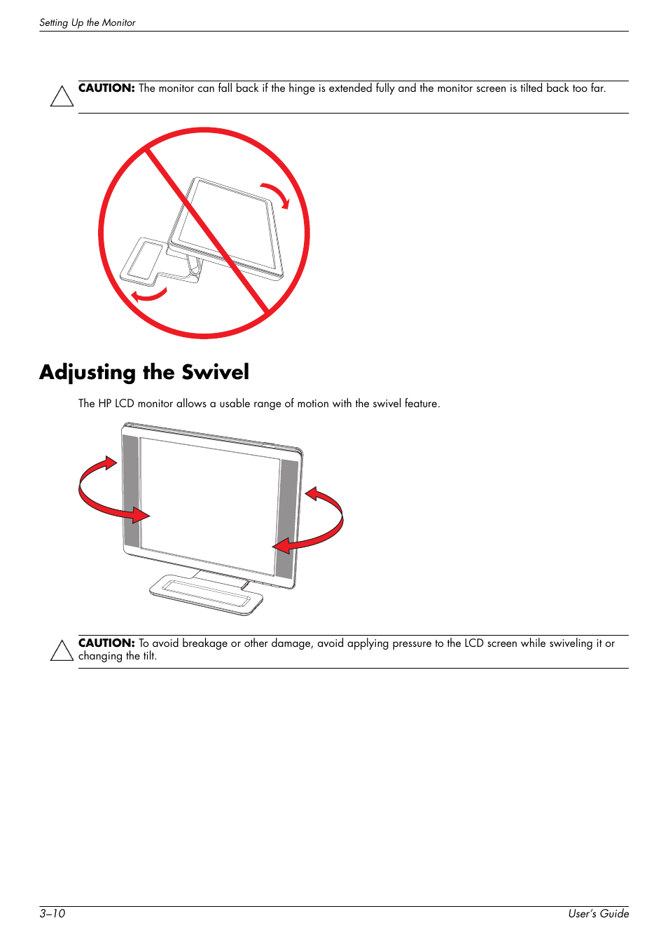 Adjusting the swivel, Adjusting the swivel –10 | HP W2338h User Manual | Page 22 / 68