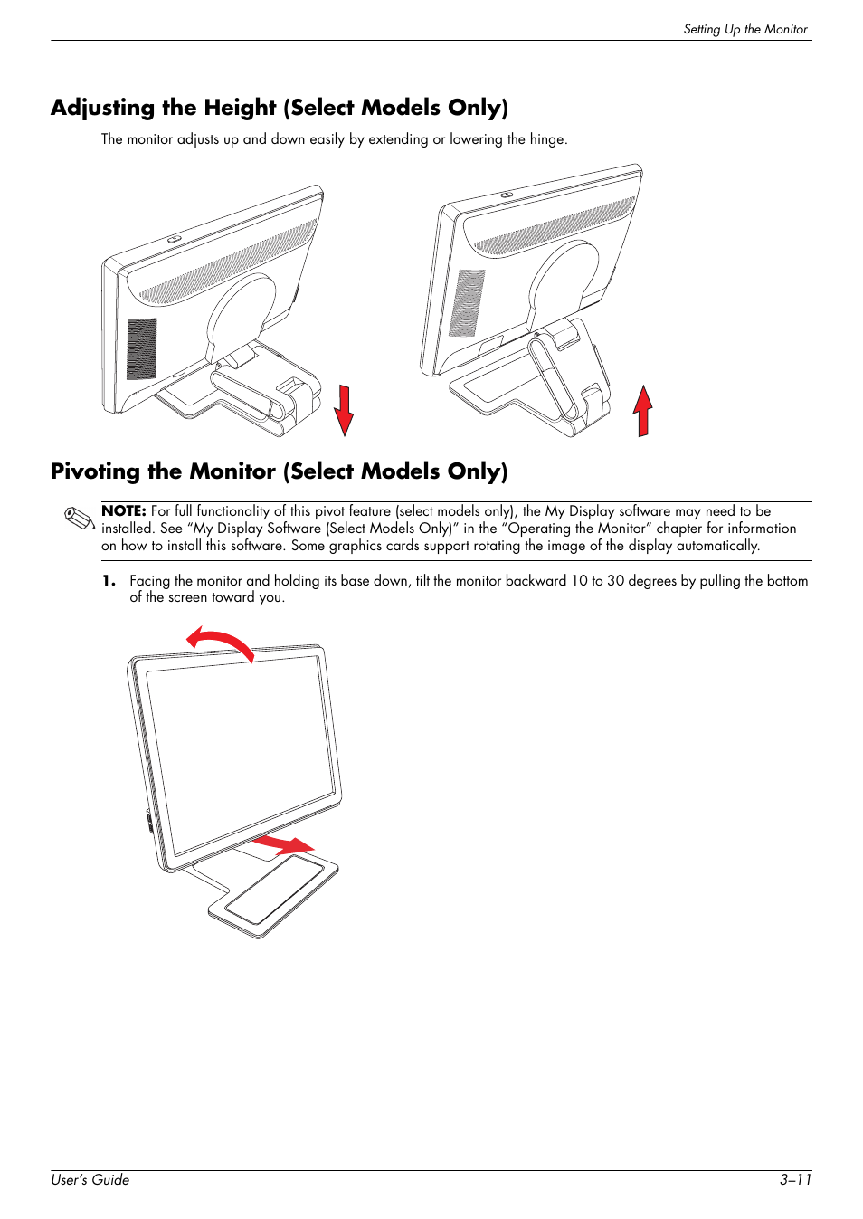 Adjusting the height (select models only), Pivoting the monitor (select models only) | HP W2338h User Manual | Page 23 / 68