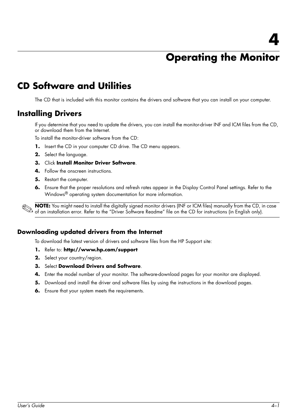 Operating the monitor, Cd software and utilities, Installing drivers | Downloading updated drivers from the internet, 4 operating the monitor, Cd software and utilities –1, Installing drivers –1, Downloading updated drivers from the internet –1 | HP W2338h User Manual | Page 27 / 68