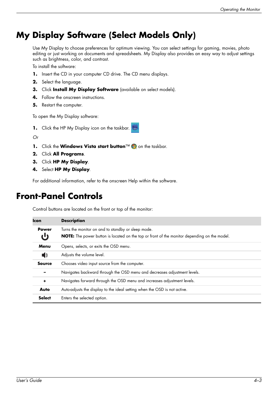My display software (select models only), Front-panel controls | HP W2338h User Manual | Page 29 / 68