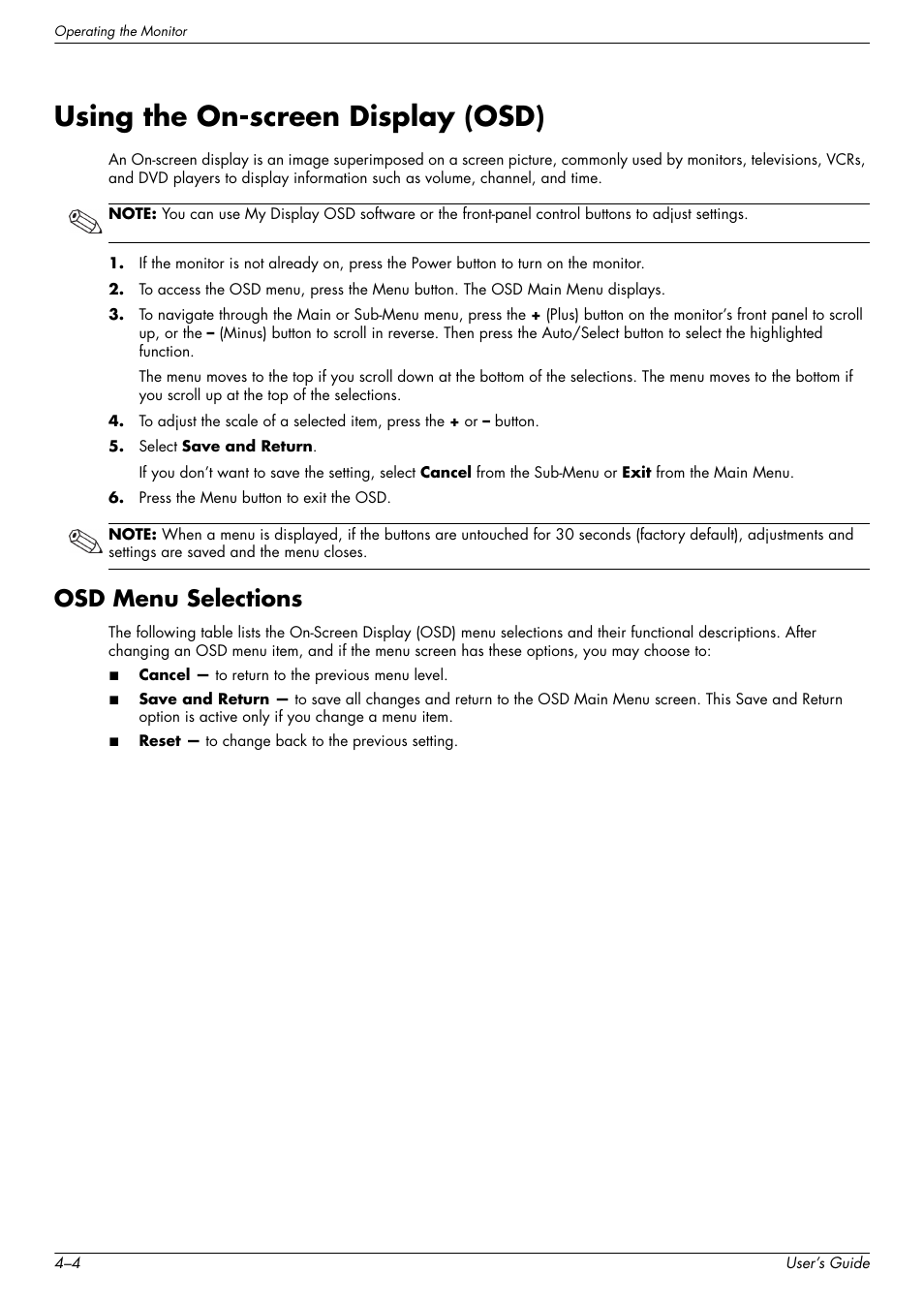 Using the on-screen display (osd), Osd menu selections, Using the on-screen display (osd) –4 | Osd menu selections –4 | HP W2338h User Manual | Page 30 / 68
