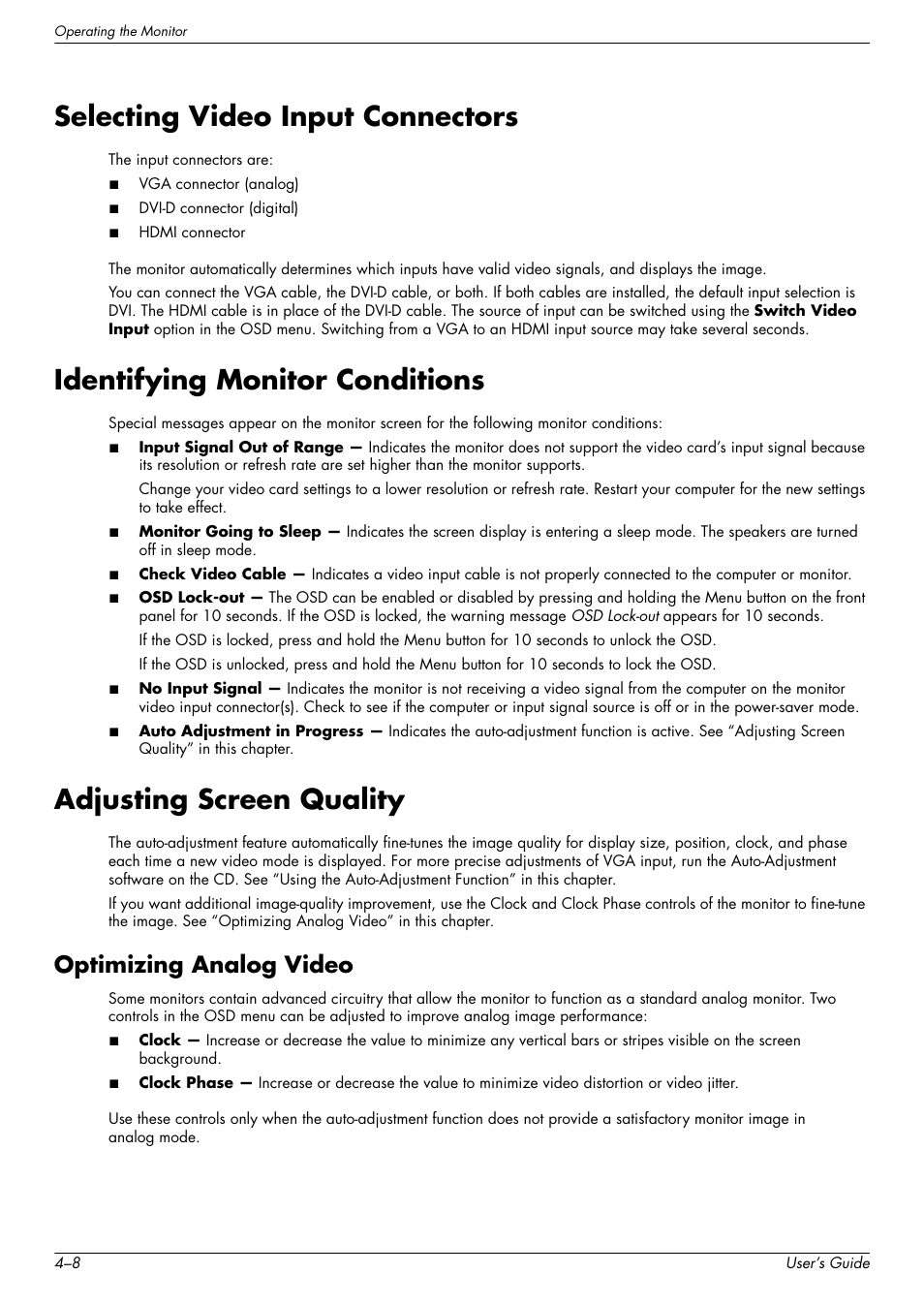 Selecting video input connectors, Identifying monitor conditions, Adjusting screen quality | Optimizing analog video, Optimizing analog video –8 | HP W2338h User Manual | Page 34 / 68