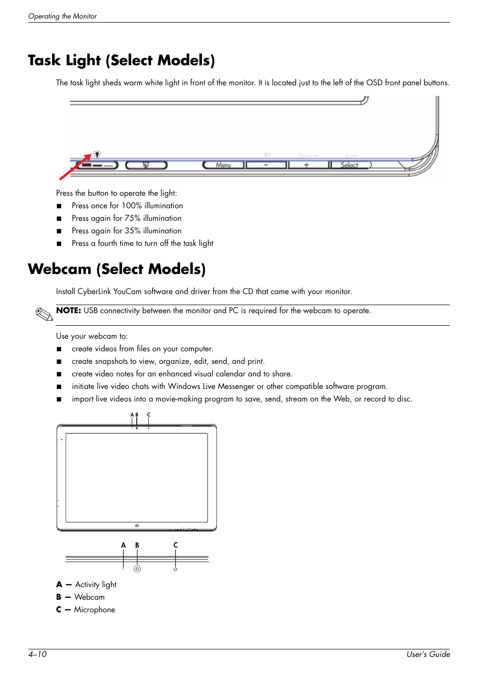 Task light (select models), Webcam (select models) | HP W2338h User Manual | Page 36 / 68