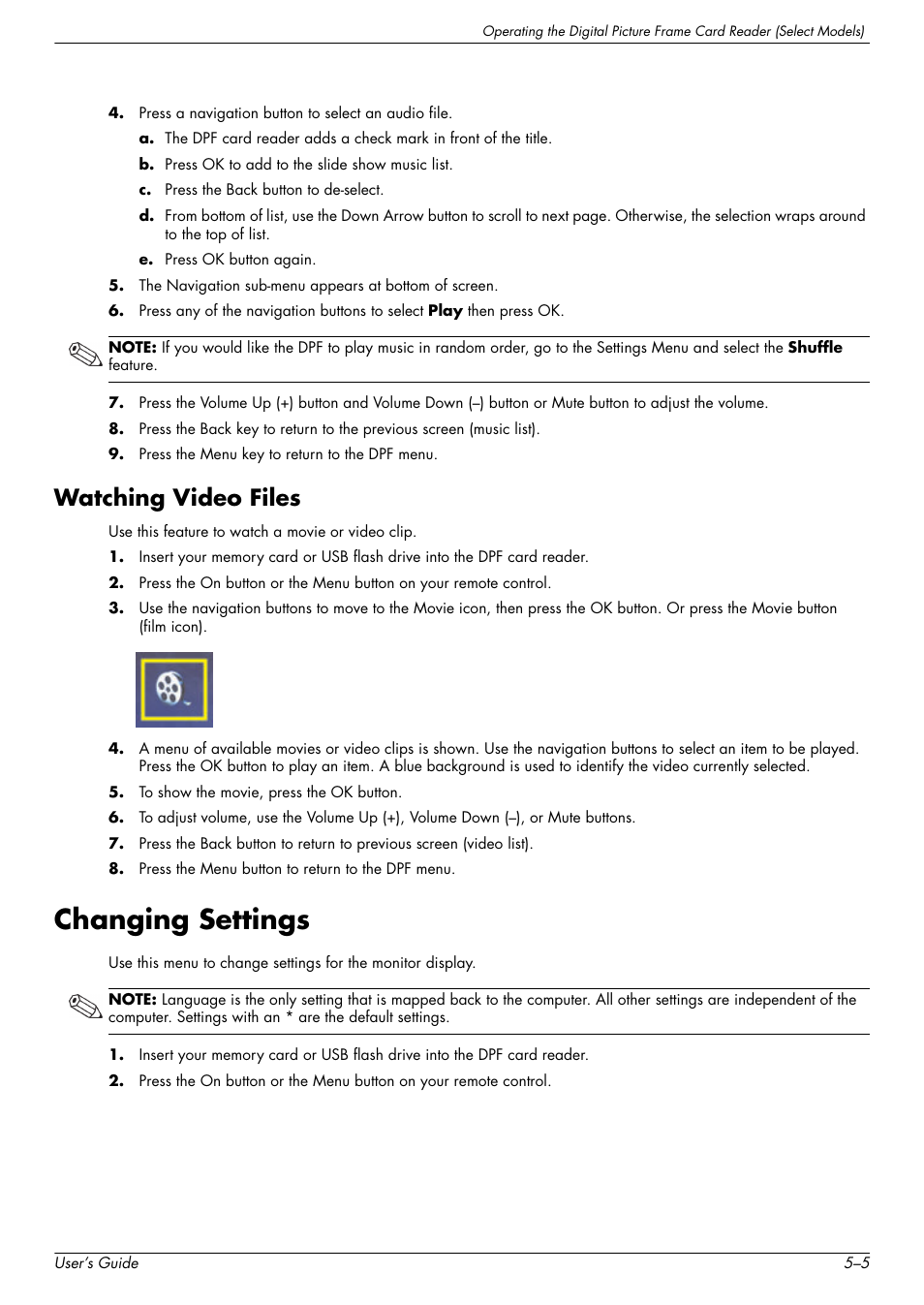 Watching video files, Changing settings, Watching video files –5 | Changing settings –5 | HP W2338h User Manual | Page 43 / 68
