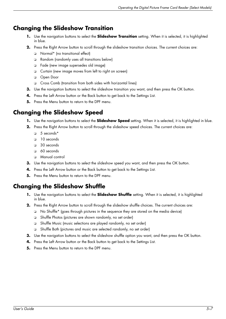 Changing the slideshow transition, Changing the slideshow speed, Changing the slideshow shuffle | HP W2338h User Manual | Page 45 / 68
