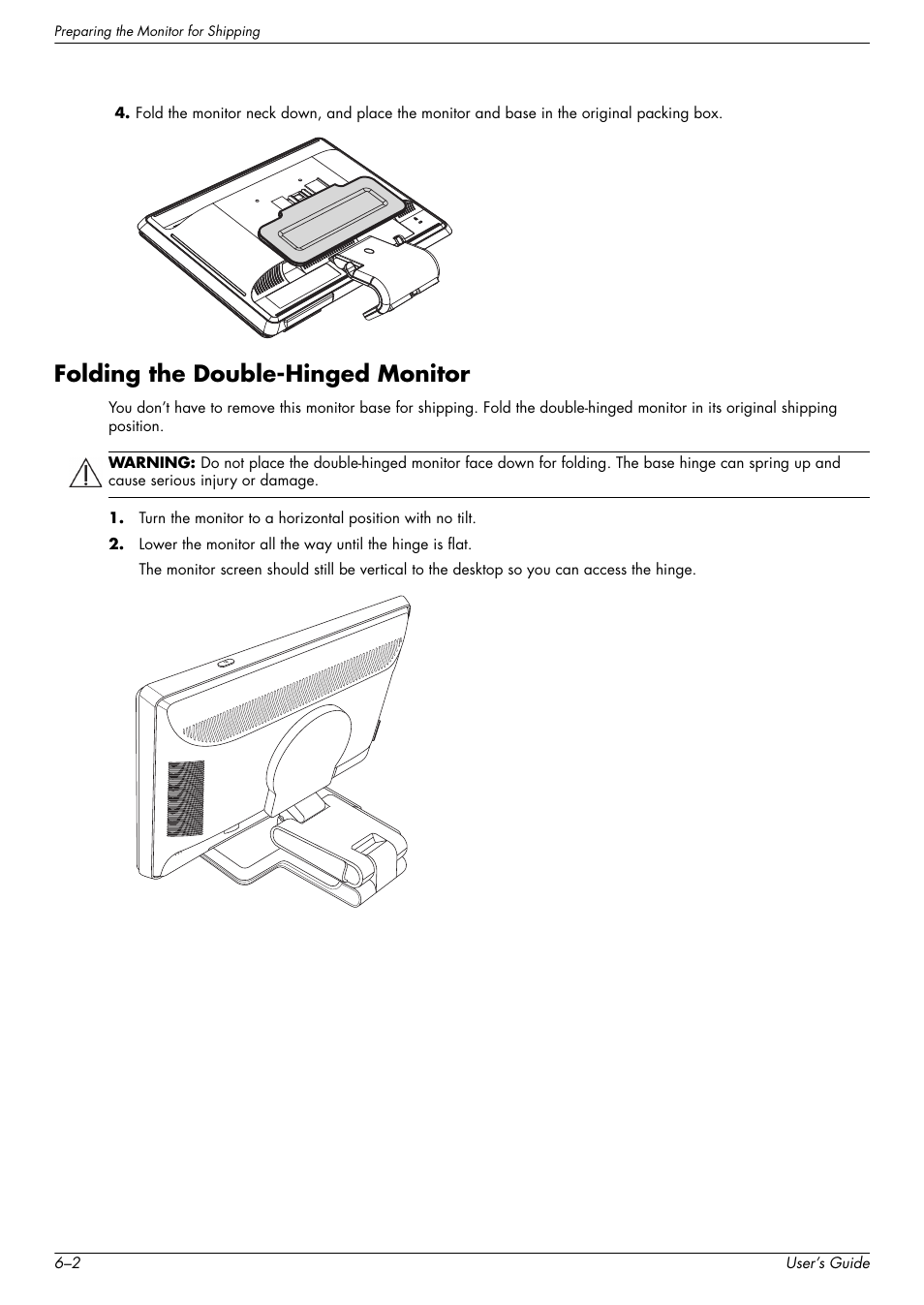 Folding the double-hinged monitor, Folding the double-hinged monitor –2 | HP W2338h User Manual | Page 48 / 68