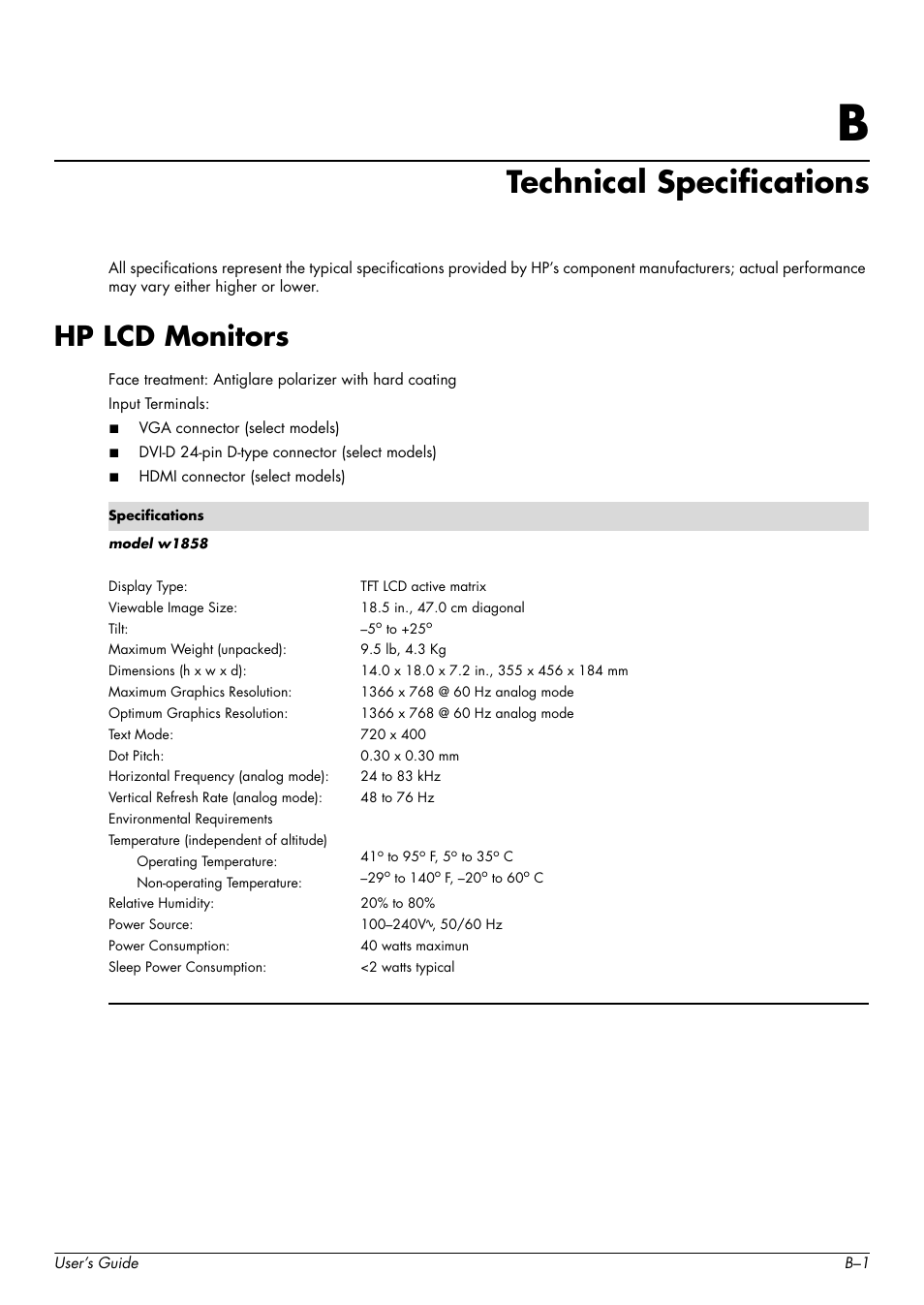 Technical specifications, Hp lcd monitors, B technical specifications | HP W2338h User Manual | Page 55 / 68