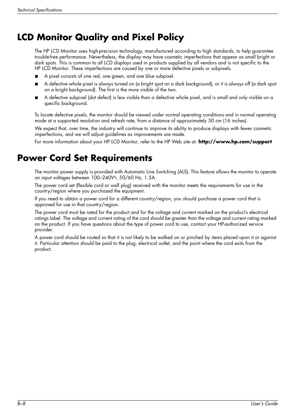 Lcd monitor quality and pixel policy, Power cord set requirements | HP W2338h User Manual | Page 62 / 68