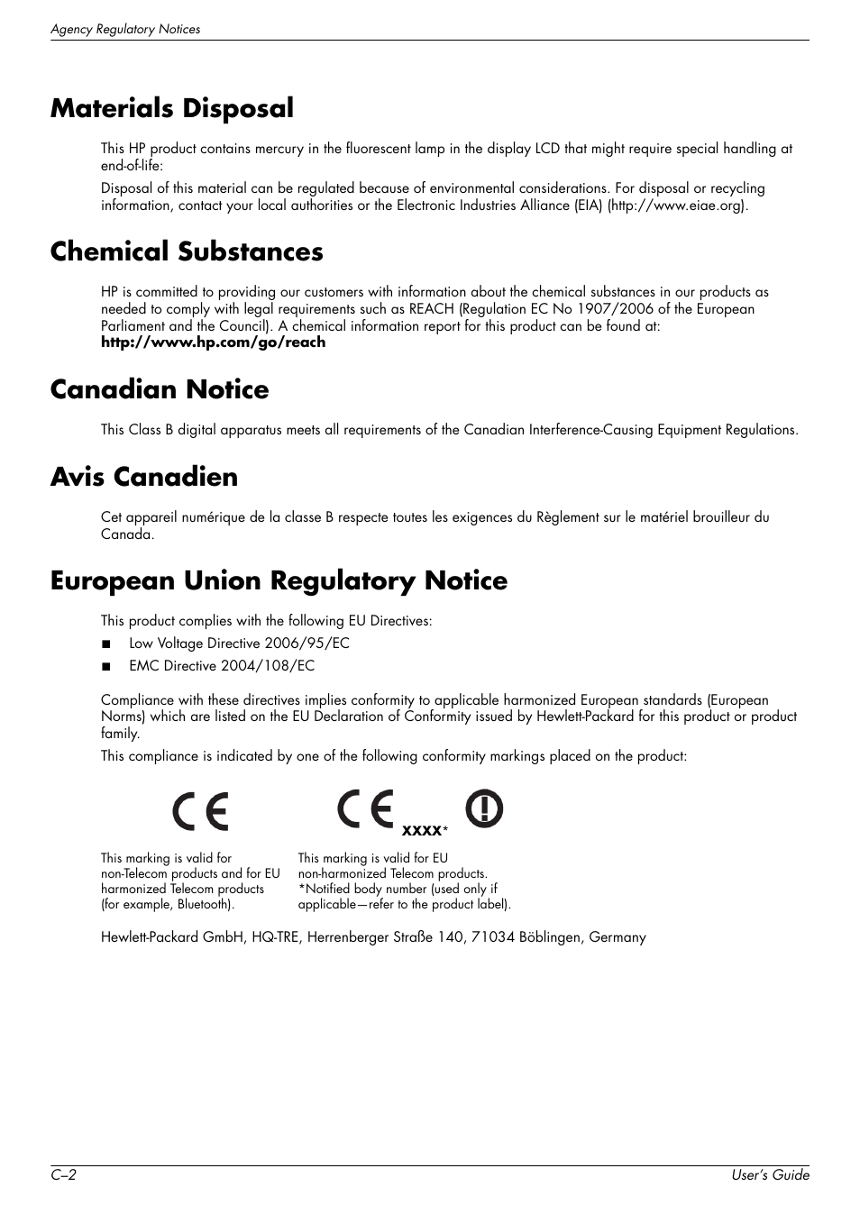 Materials disposal, Chemical substances, Canadian notice | Avis canadien, European union regulatory notice | HP W2338h User Manual | Page 64 / 68