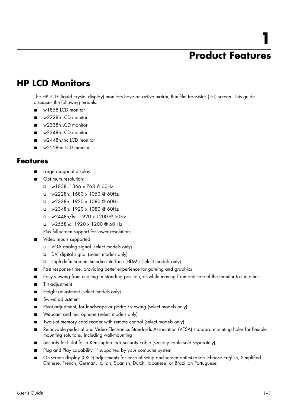 Product features, Hp lcd monitors, Features | 1 product features, Hp lcd monitors –1, Features –1 | HP W2338h User Manual | Page 9 / 68