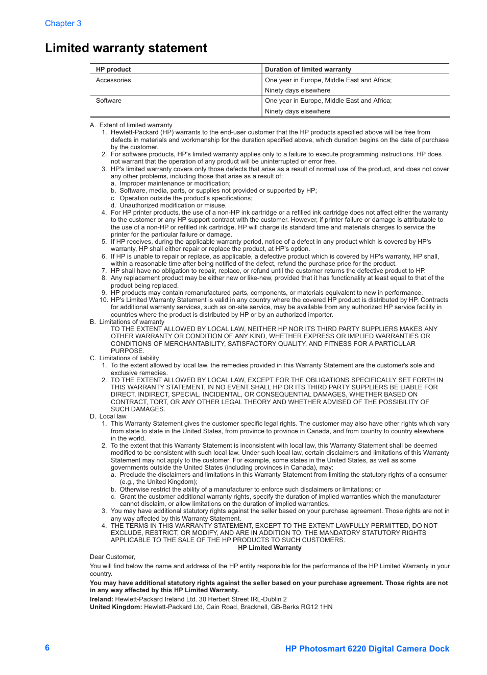 Limited warranty statement | HP Photosmart 6220 User Manual | Page 11 / 11