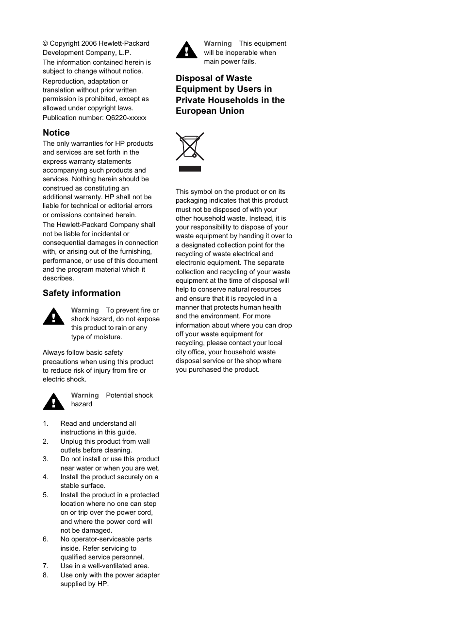 Notice, Safety information | HP Photosmart 6220 User Manual | Page 3 / 11