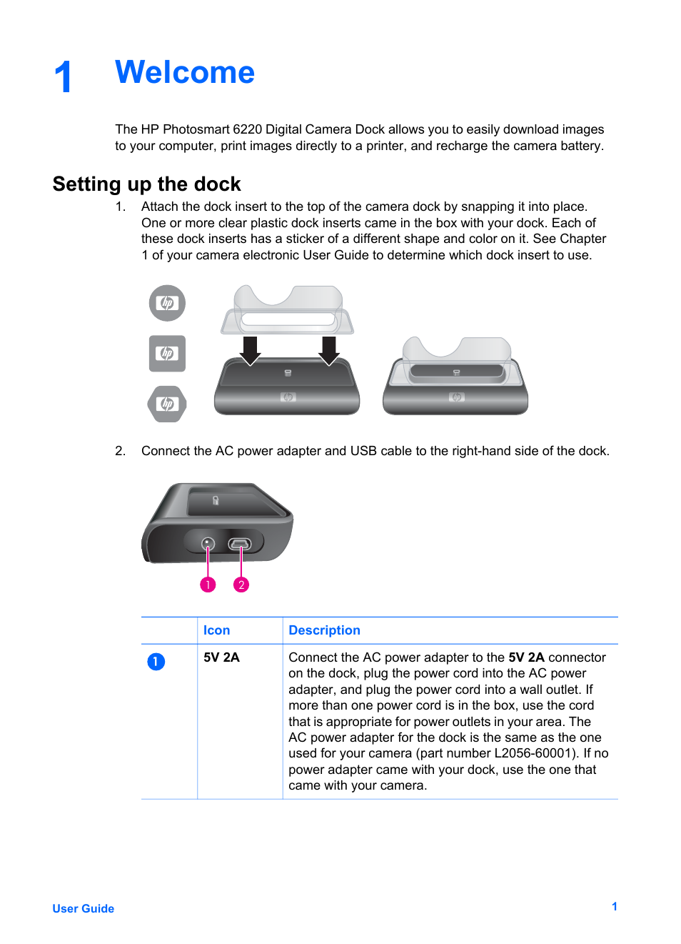Welcome, Setting up the dock | HP Photosmart 6220 User Manual | Page 6 / 11