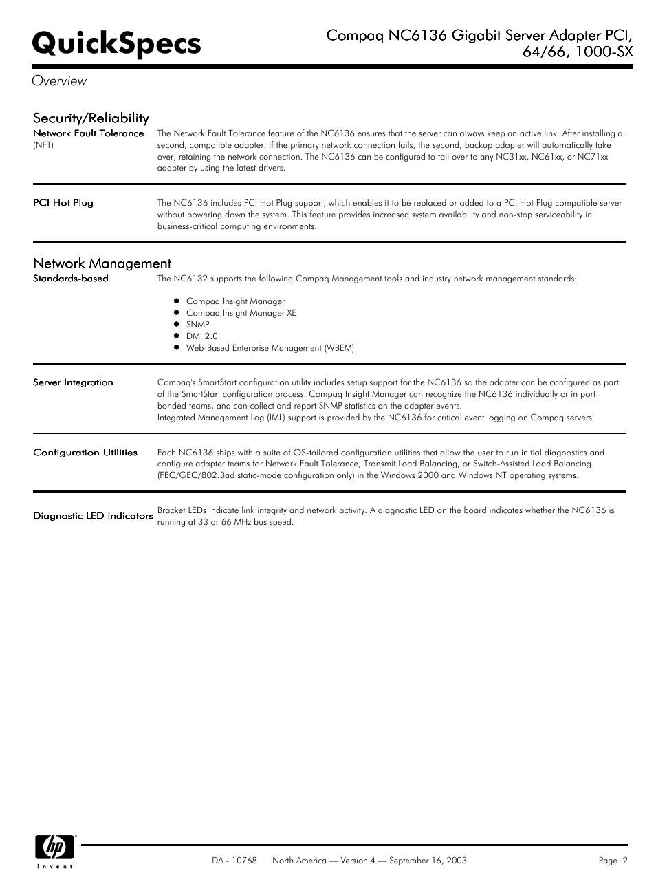 Quickspecs, Compaq nc6136 gigabit server adapter pci, Security/reliability | Network management | HP NC6136 User Manual | Page 2 / 4
