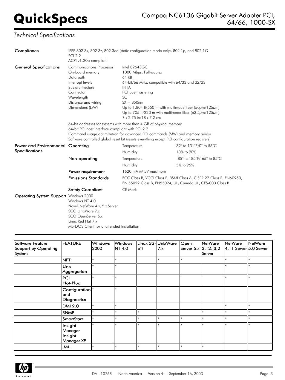 Technical specifications, Quickspecs, Compaq nc6136 gigabit server adapter pci | HP NC6136 User Manual | Page 3 / 4