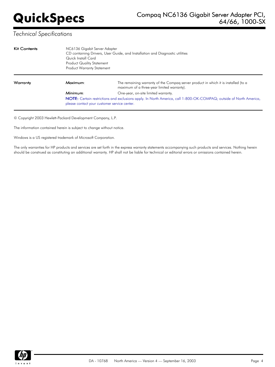 Quickspecs, Compaq nc6136 gigabit server adapter pci | HP NC6136 User Manual | Page 4 / 4