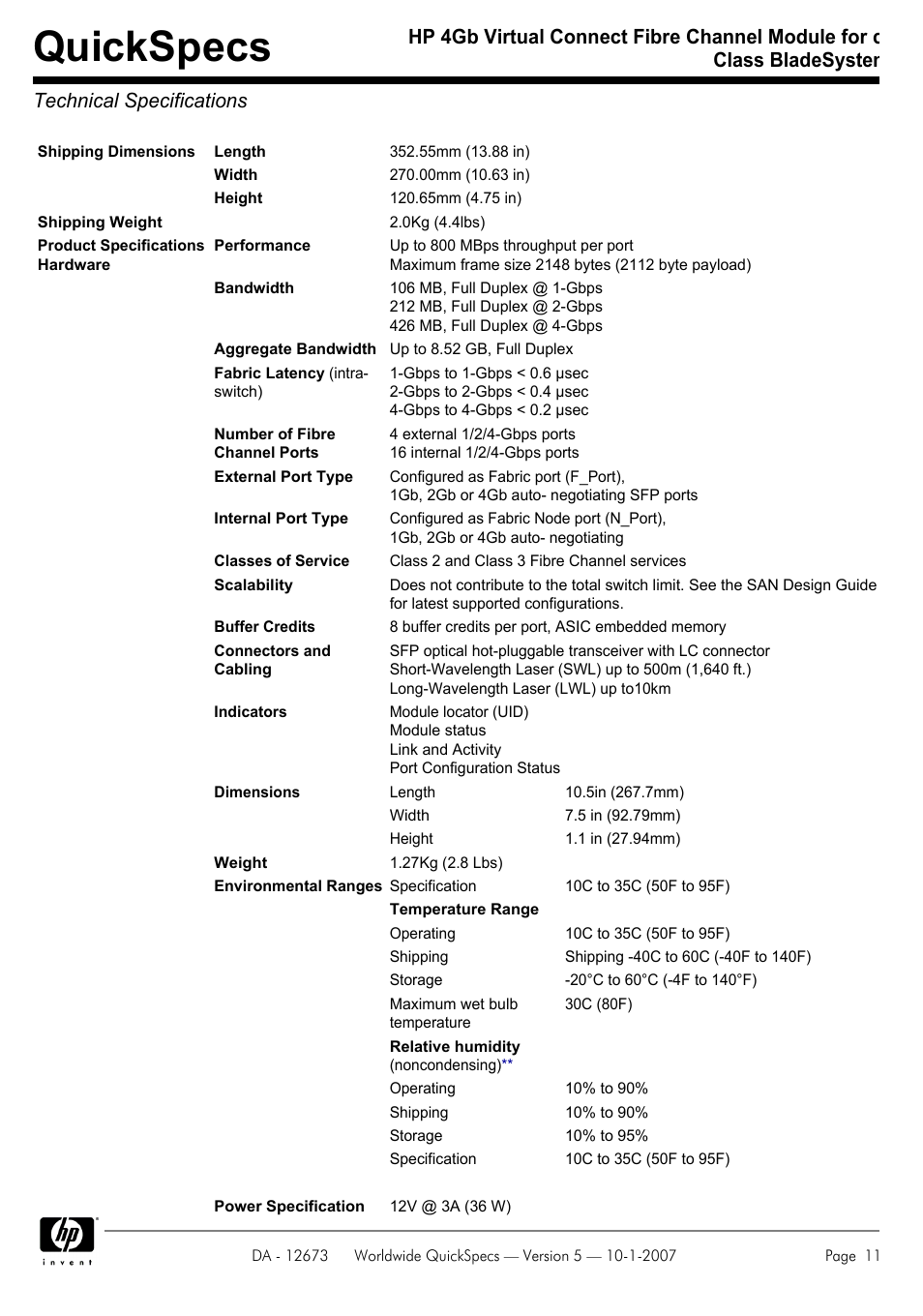 Technical specifications, Quickspecs | HP C-CLASS BLADESYSTEM 409513-B21 User Manual | Page 11 / 13