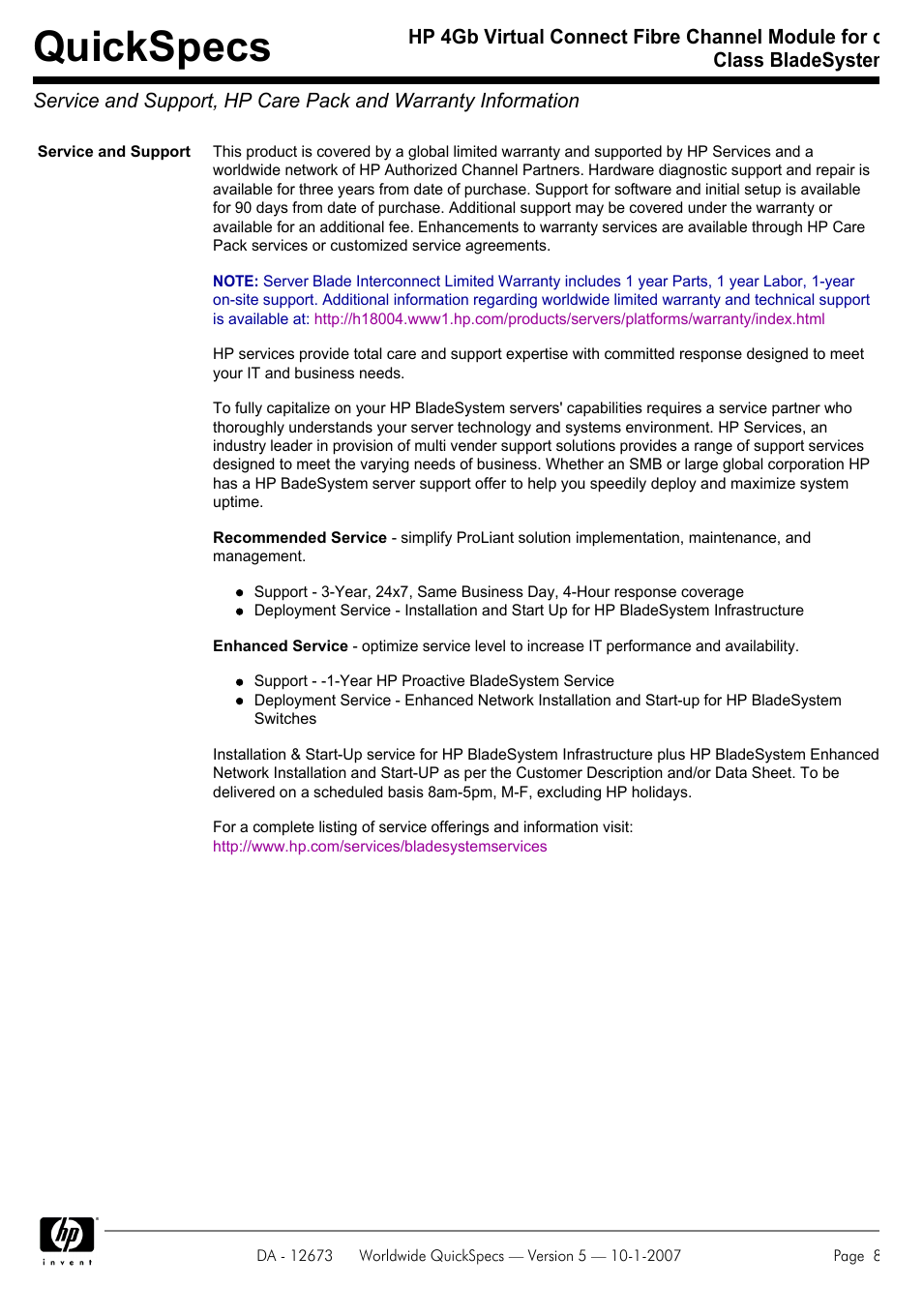 Quickspecs | HP C-CLASS BLADESYSTEM 409513-B21 User Manual | Page 8 / 13