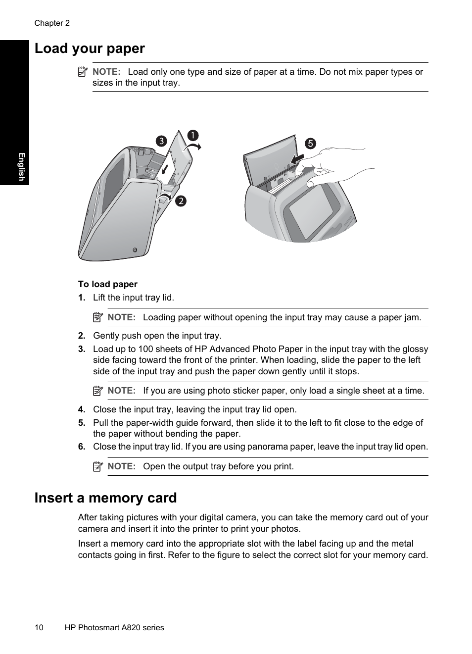 Load your paper, Insert a memory card, Load your paper insert a memory card | HP Photosmart A820 series User Manual | Page 10 / 53