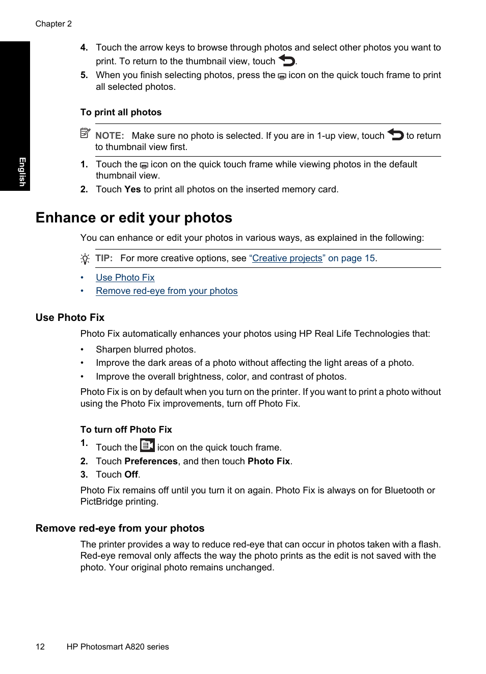 Enhance or edit your photos, Use photo fix, Remove red-eye from your photos | Use photo fix remove red-eye from your photos | HP Photosmart A820 series User Manual | Page 12 / 53