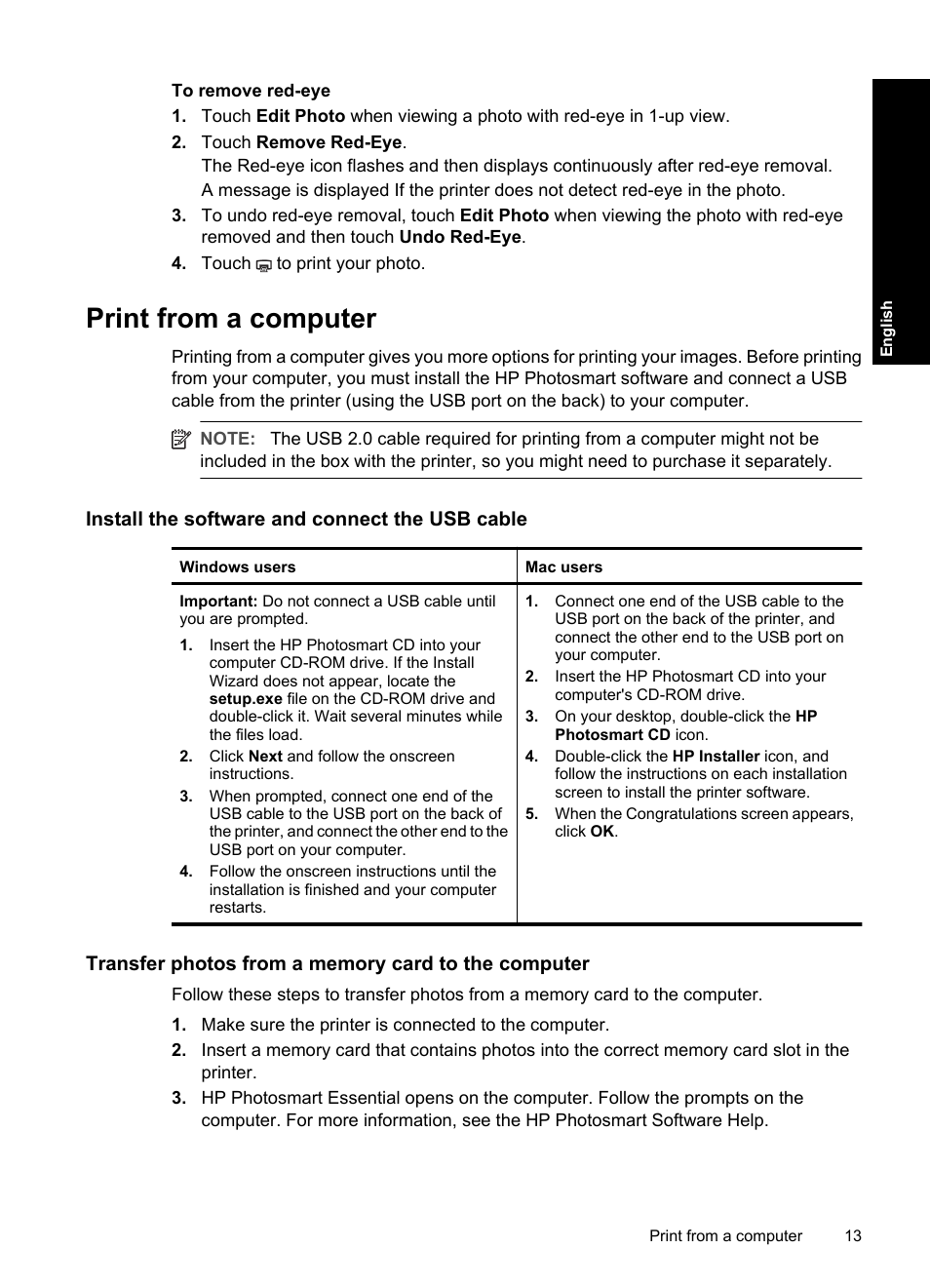 Print from a computer, Install the software and connect the usb cable, Transfer photos from a memory card to the computer | HP Photosmart A820 series User Manual | Page 13 / 53