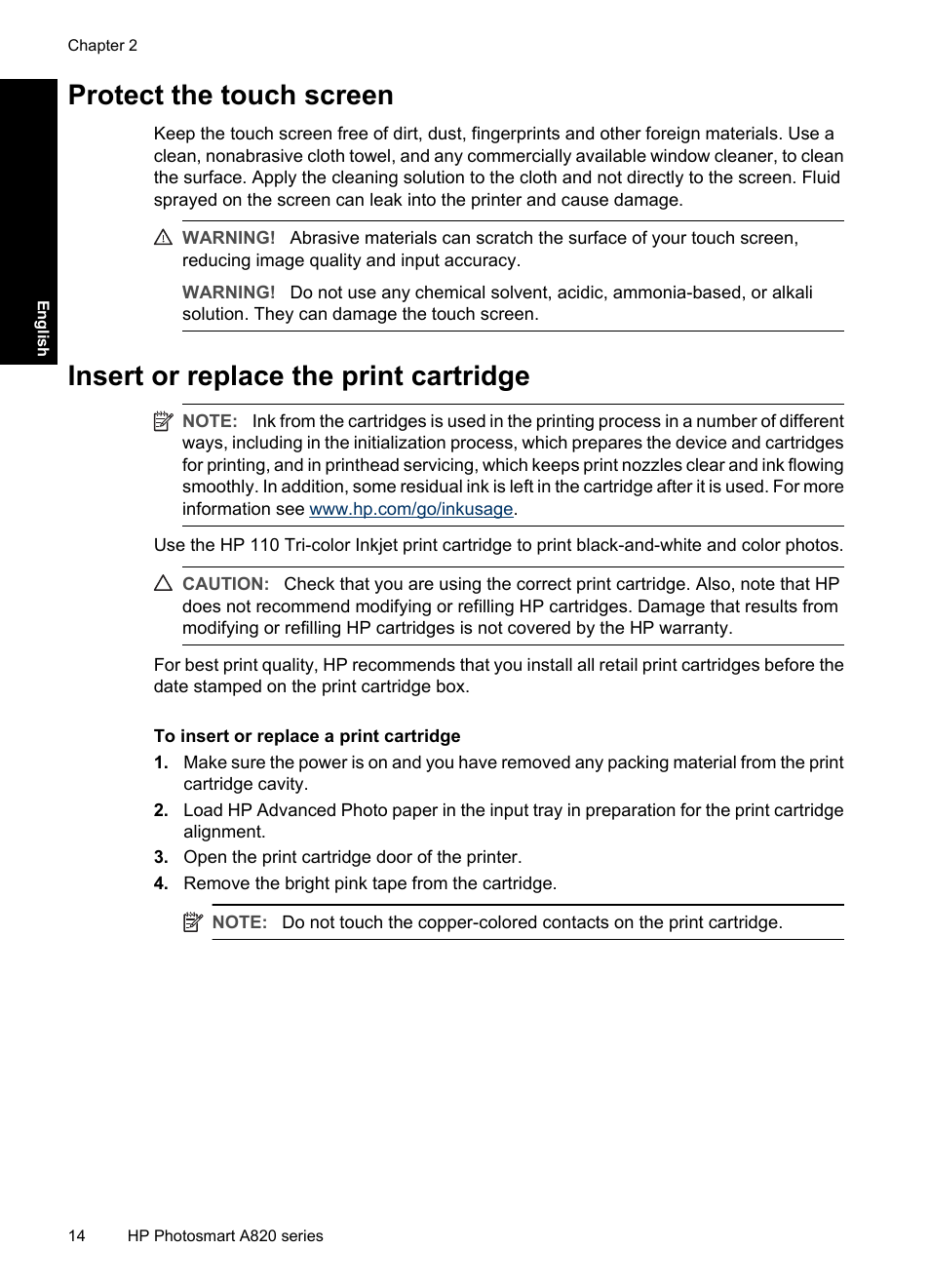 Protect the touch screen, Insert or replace the print cartridge | HP Photosmart A820 series User Manual | Page 14 / 53