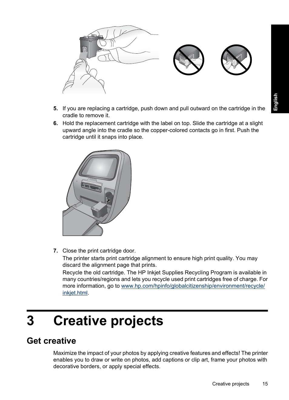 English: creative projects, Get creative, 3 creative projects | Options, see, 3creative projects | HP Photosmart A820 series User Manual | Page 15 / 53