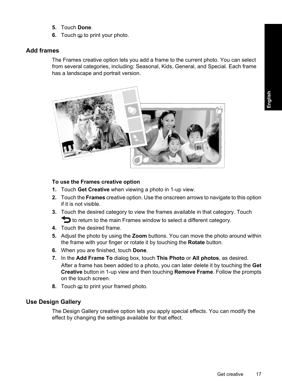 Add frames, Use design gallery | HP Photosmart A820 series User Manual | Page 17 / 53