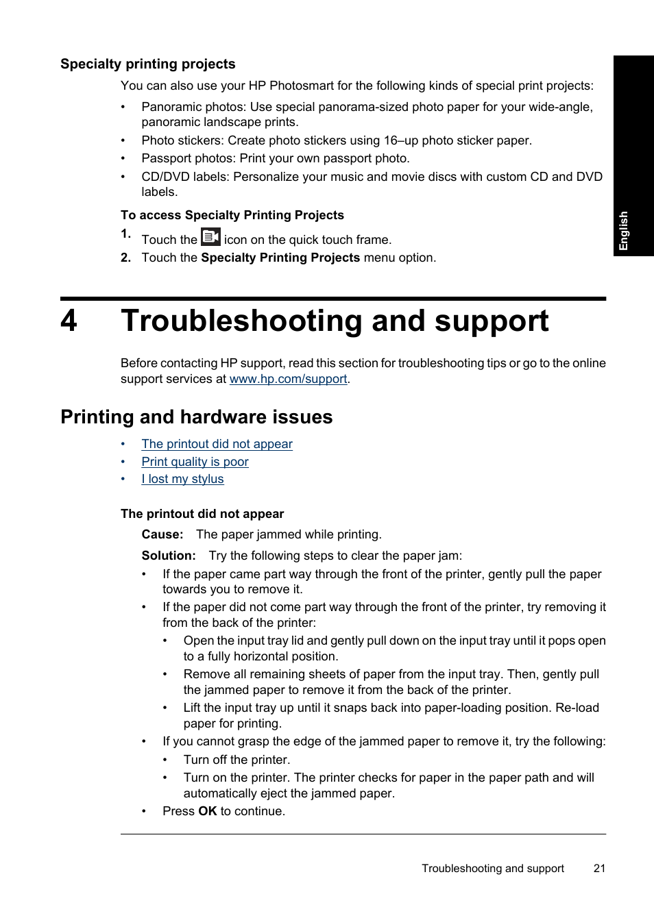 Specialty printing projects, English: troubleshooting and support, Printing and hardware issues | 4 troubleshooting and support, 4troubleshooting and support | HP Photosmart A820 series User Manual | Page 21 / 53