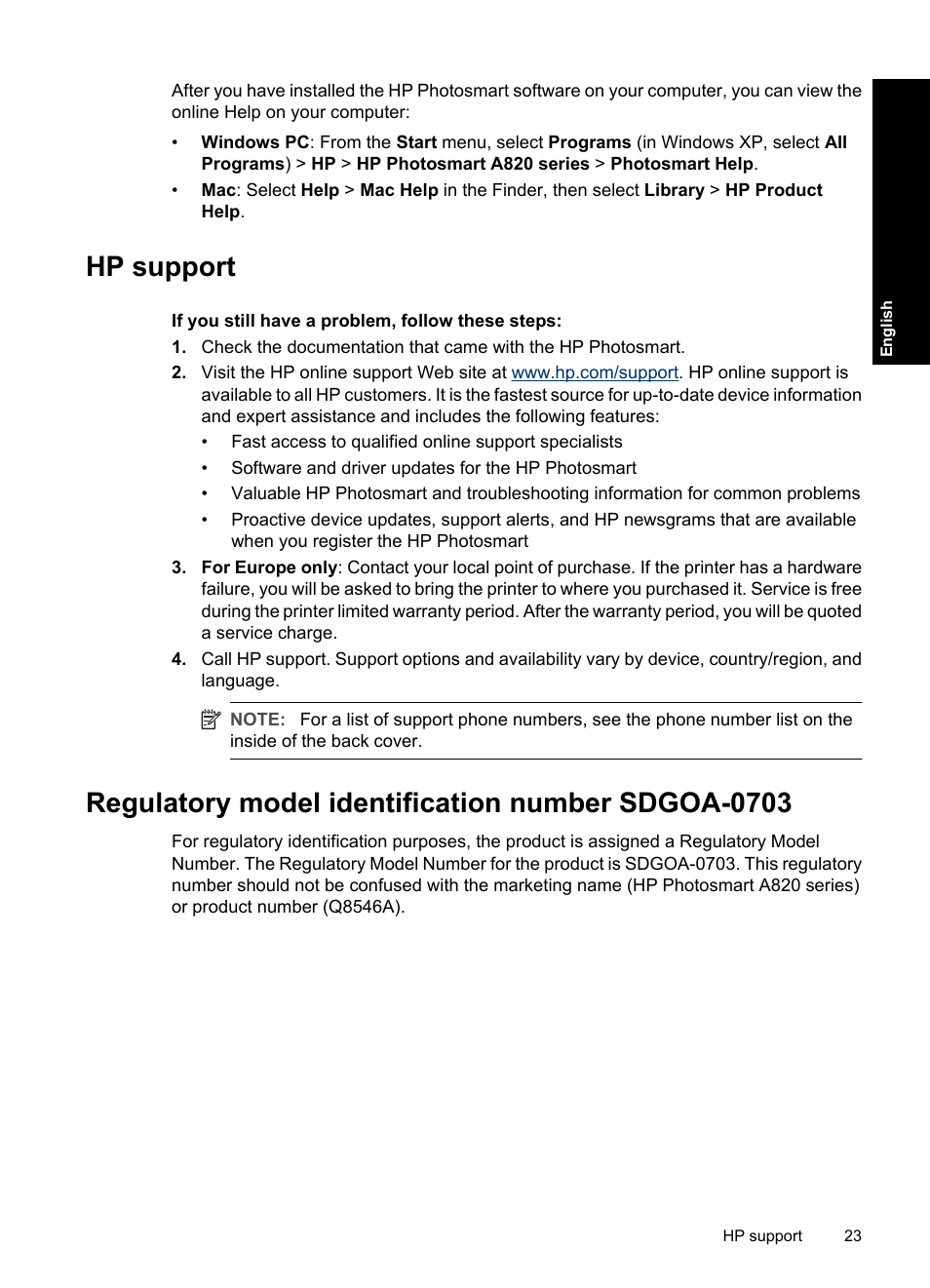 Hp support, Regulatory model identification number sdgoa-0703 | HP Photosmart A820 series User Manual | Page 23 / 53