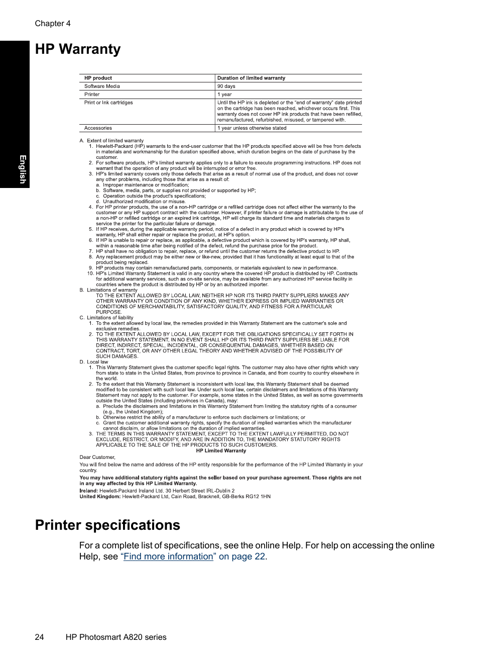Hp warranty, Printer specifications, Hp warranty printer specifications | HP Photosmart A820 series User Manual | Page 24 / 53