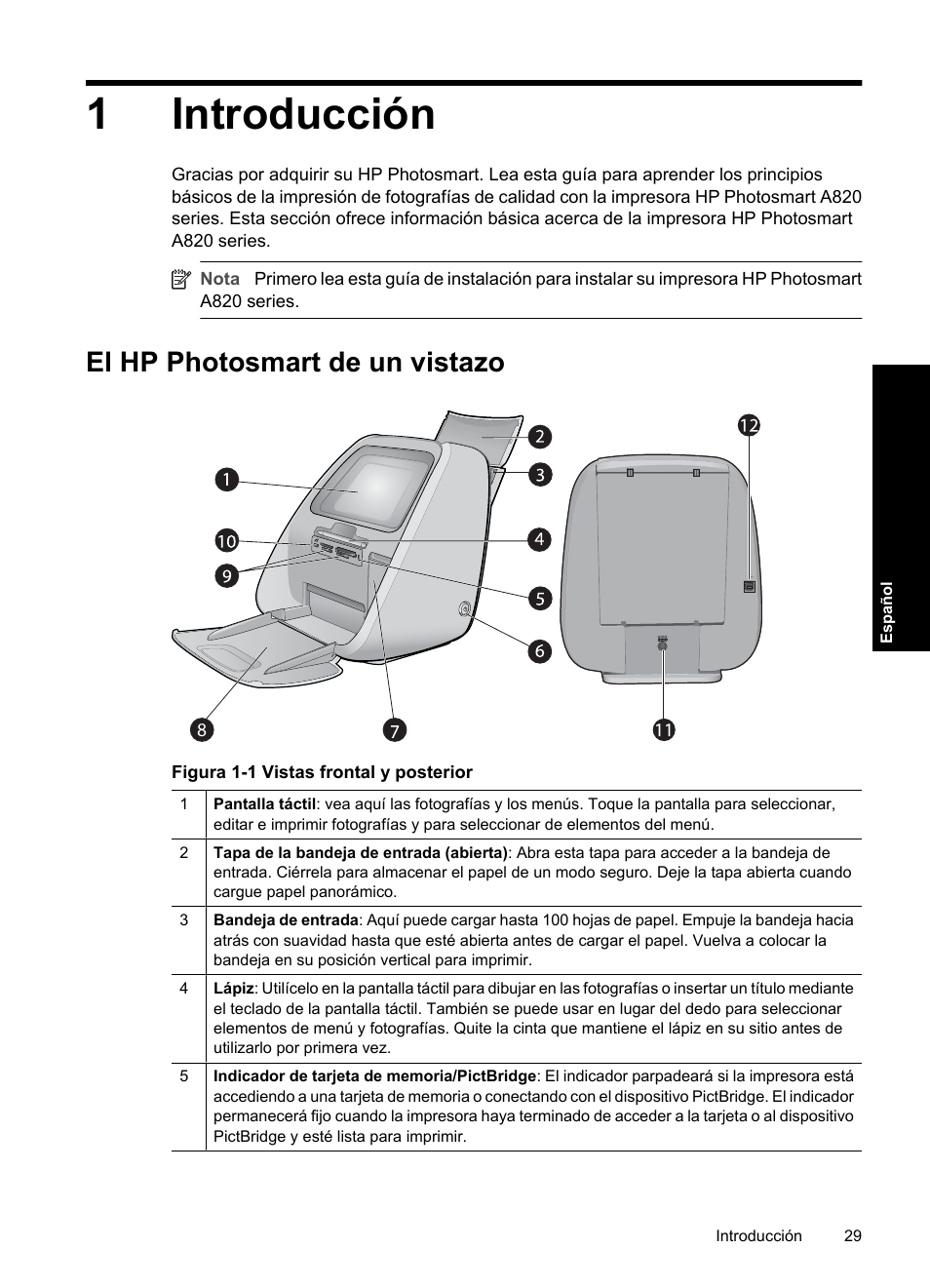 Español: introducción, El hp photosmart de un vistazo, 1 introducción | 1introducción | HP Photosmart A820 series User Manual | Page 29 / 53