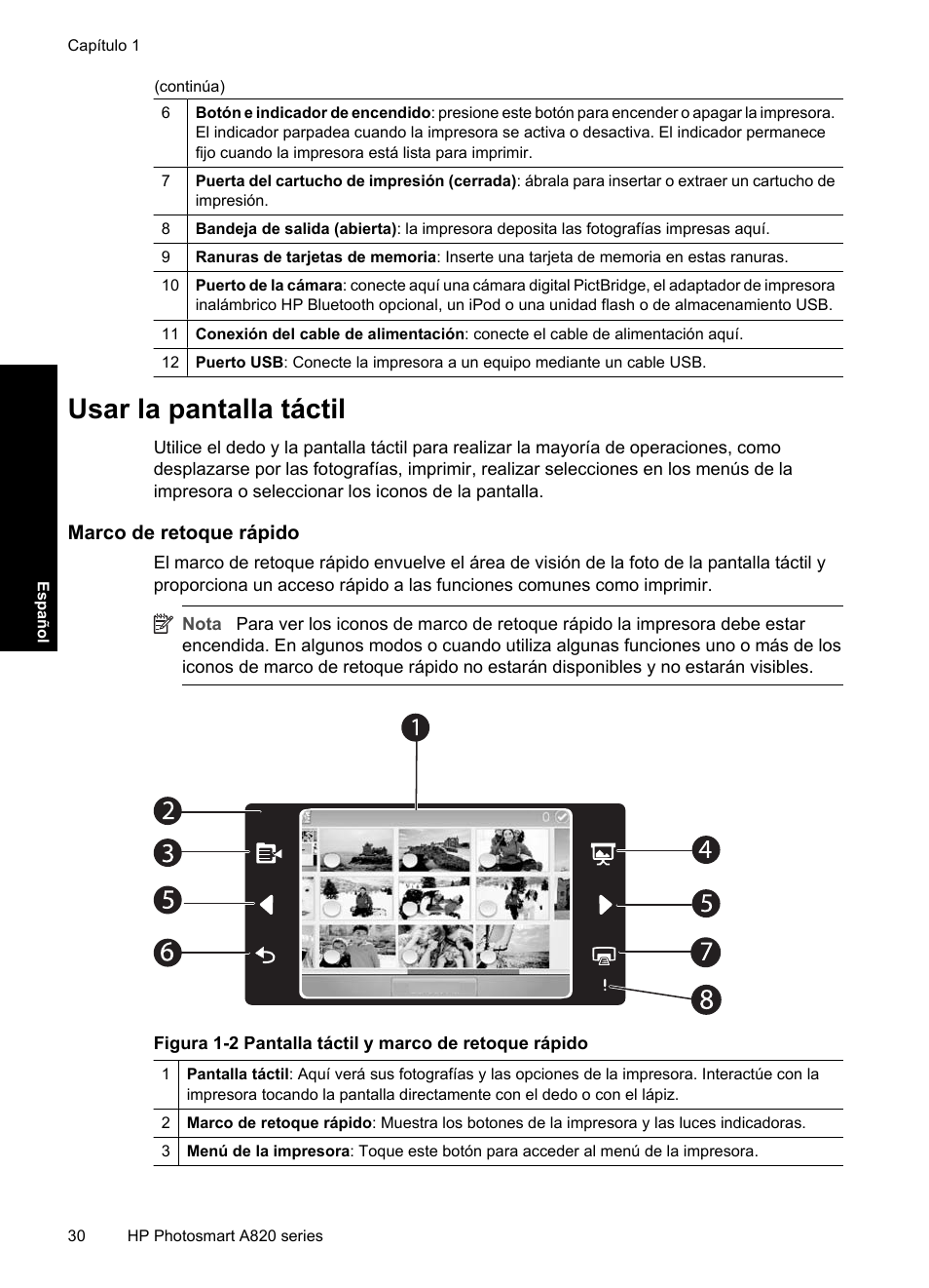 Usar la pantalla táctil, Marco de retoque rápido | HP Photosmart A820 series User Manual | Page 30 / 53