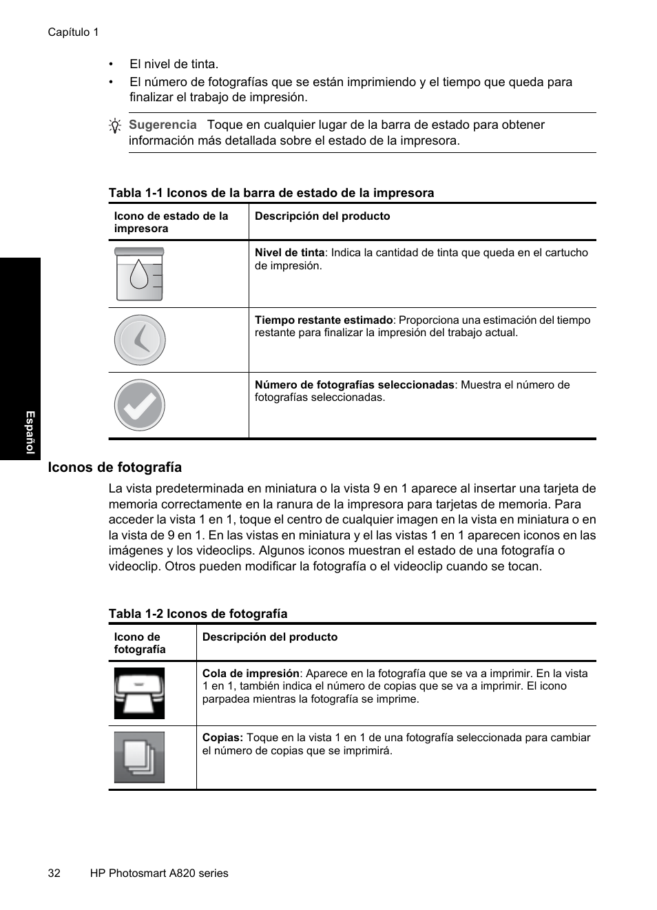 Iconos de fotografía | HP Photosmart A820 series User Manual | Page 32 / 53