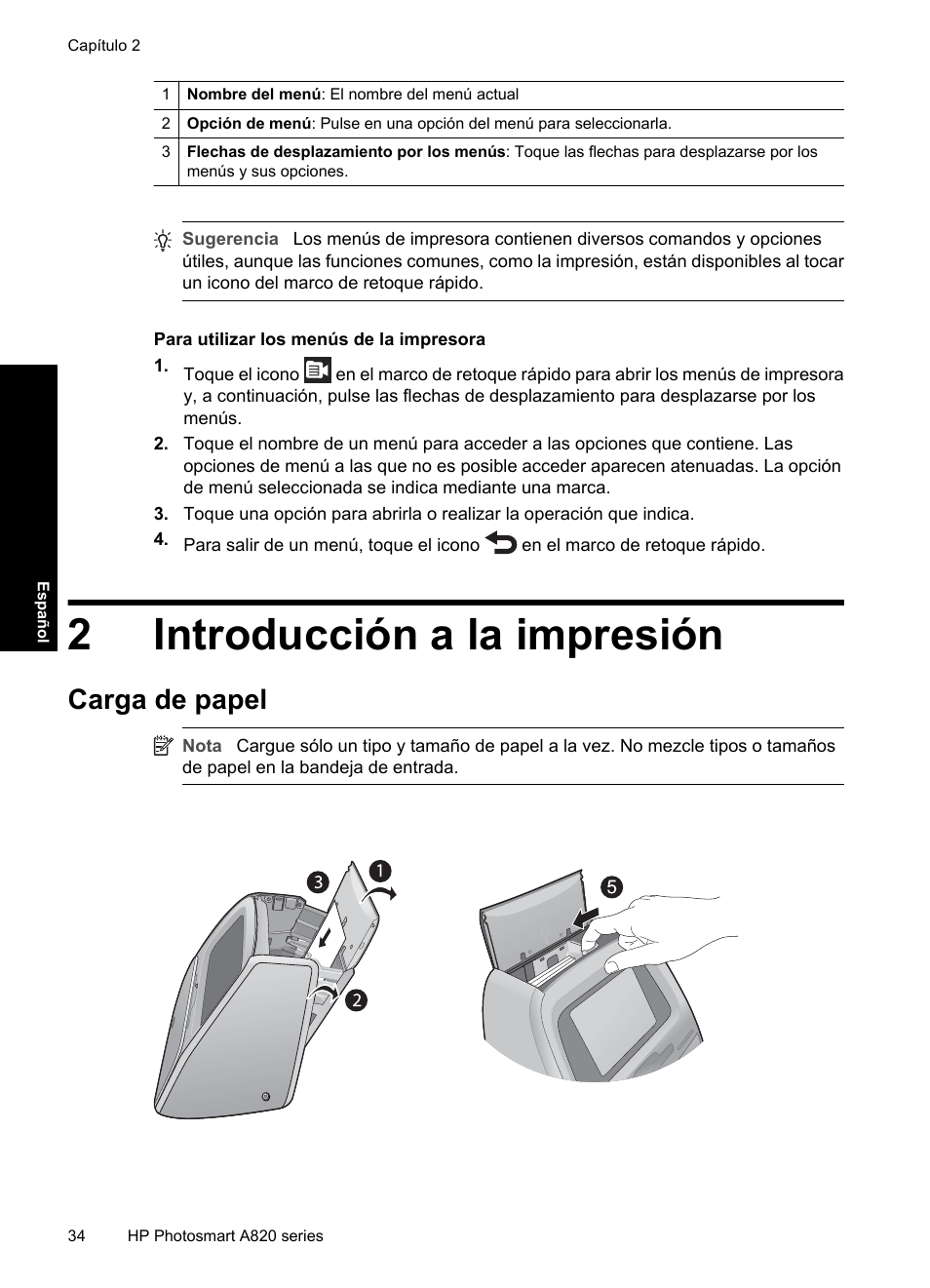 Español: introducción a la impresión, Carga de papel, 2 introducción a la impresión | 2introducción a la impresión | HP Photosmart A820 series User Manual | Page 34 / 53