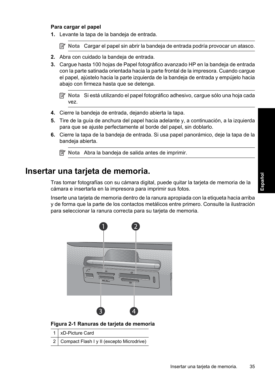 Insertar una tarjeta de memoria | HP Photosmart A820 series User Manual | Page 35 / 53