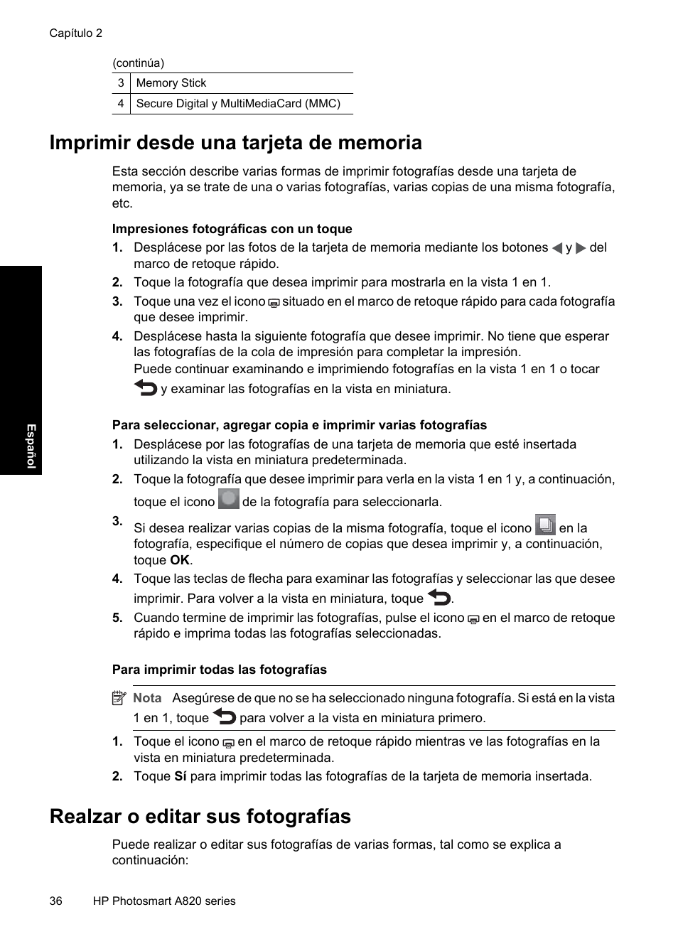 Imprimir desde una tarjeta de memoria, Realzar o editar sus fotografías | HP Photosmart A820 series User Manual | Page 36 / 53