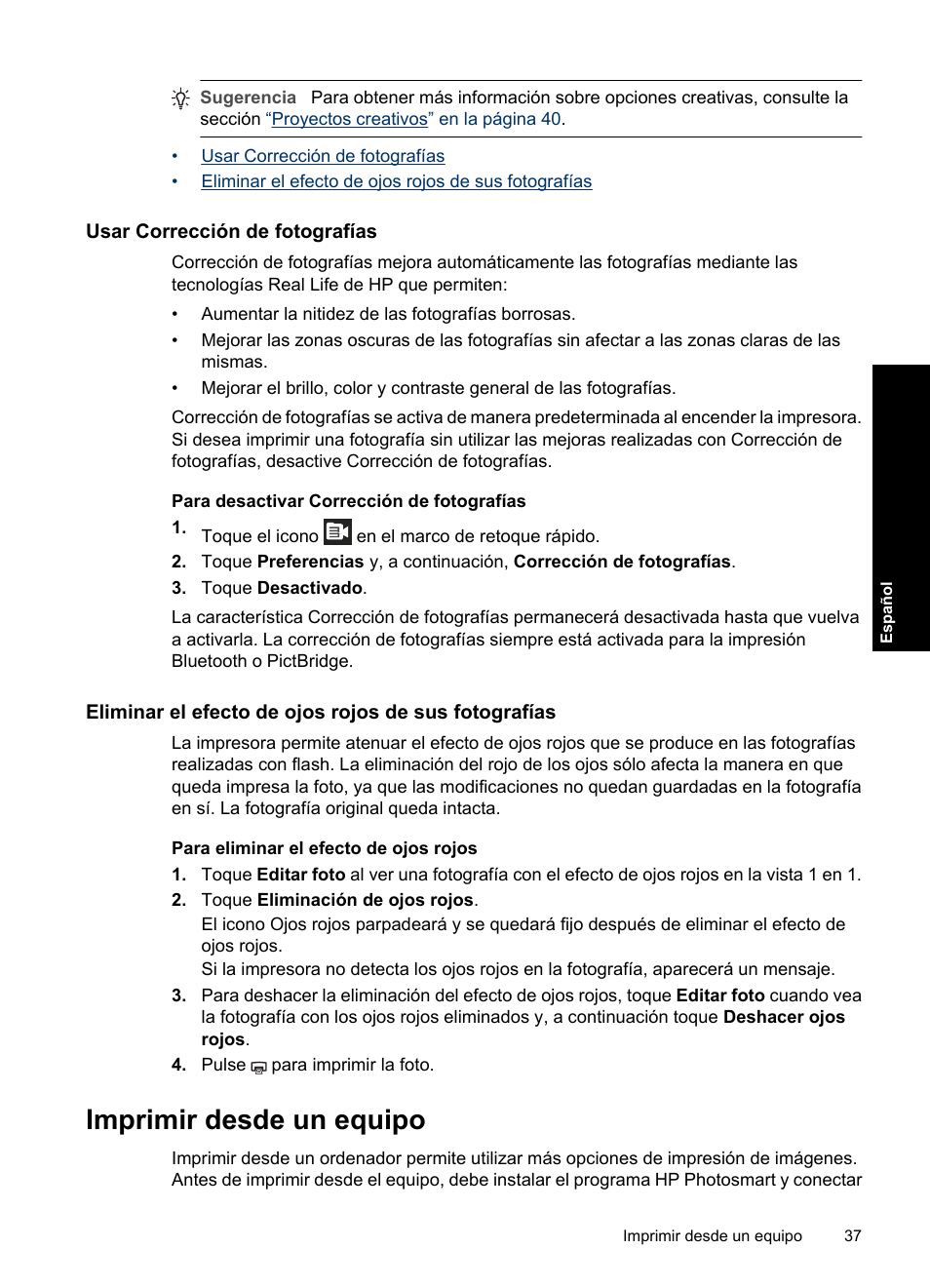 Usar corrección de fotografías, Imprimir desde un equipo | HP Photosmart A820 series User Manual | Page 37 / 53