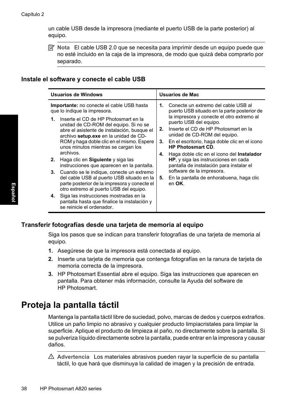 Instale el software y conecte el cable usb, Proteja la pantalla táctil | HP Photosmart A820 series User Manual | Page 38 / 53